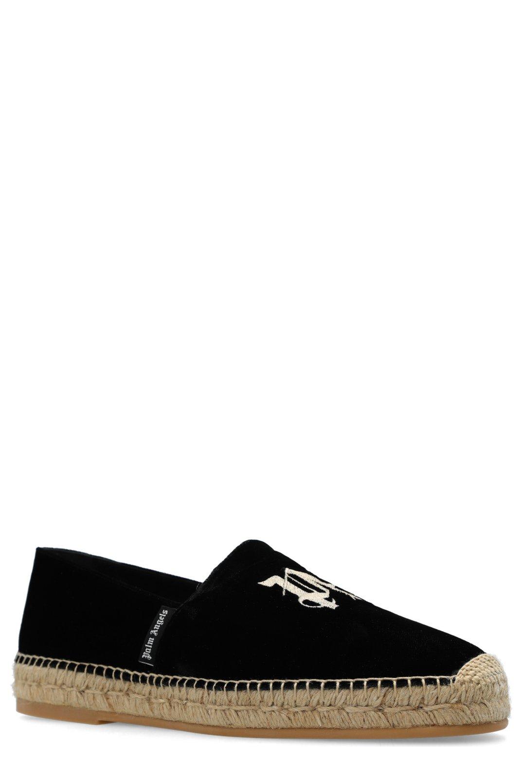Shop Palm Angels Logo-embroidered Round Toe Velvet Espadrilles In Black