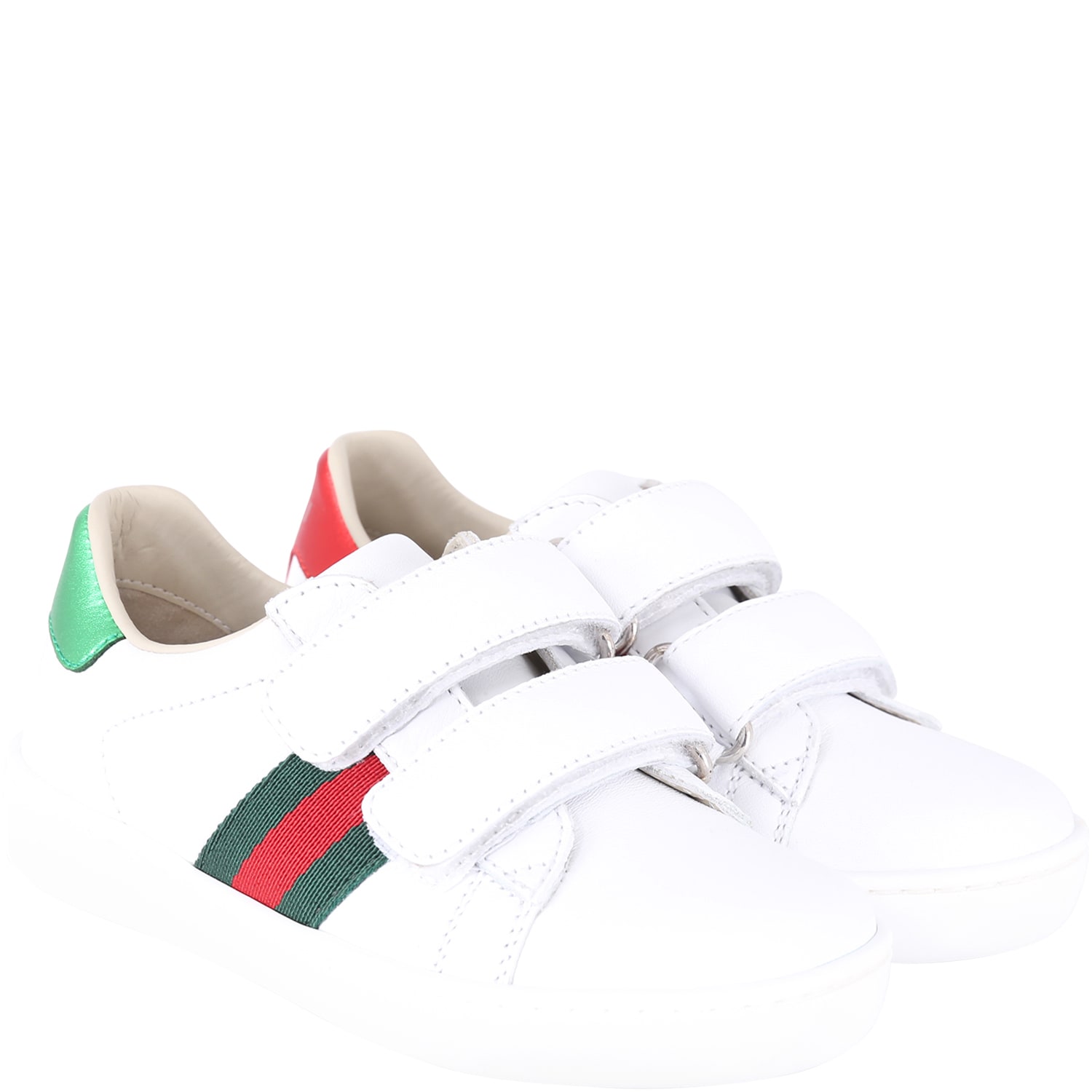 Gucci White Sneakers For Boy With Red And Green Webs Details