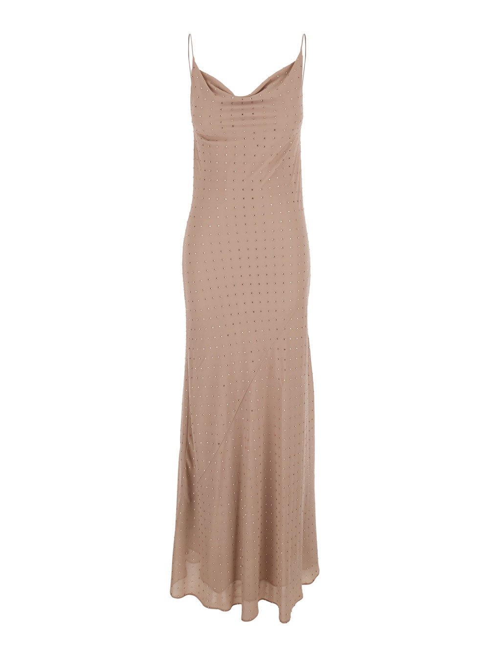 Pinko Beige Long Dress With Draped Neckline And Open Back In Tech Fabric Woman In Gray