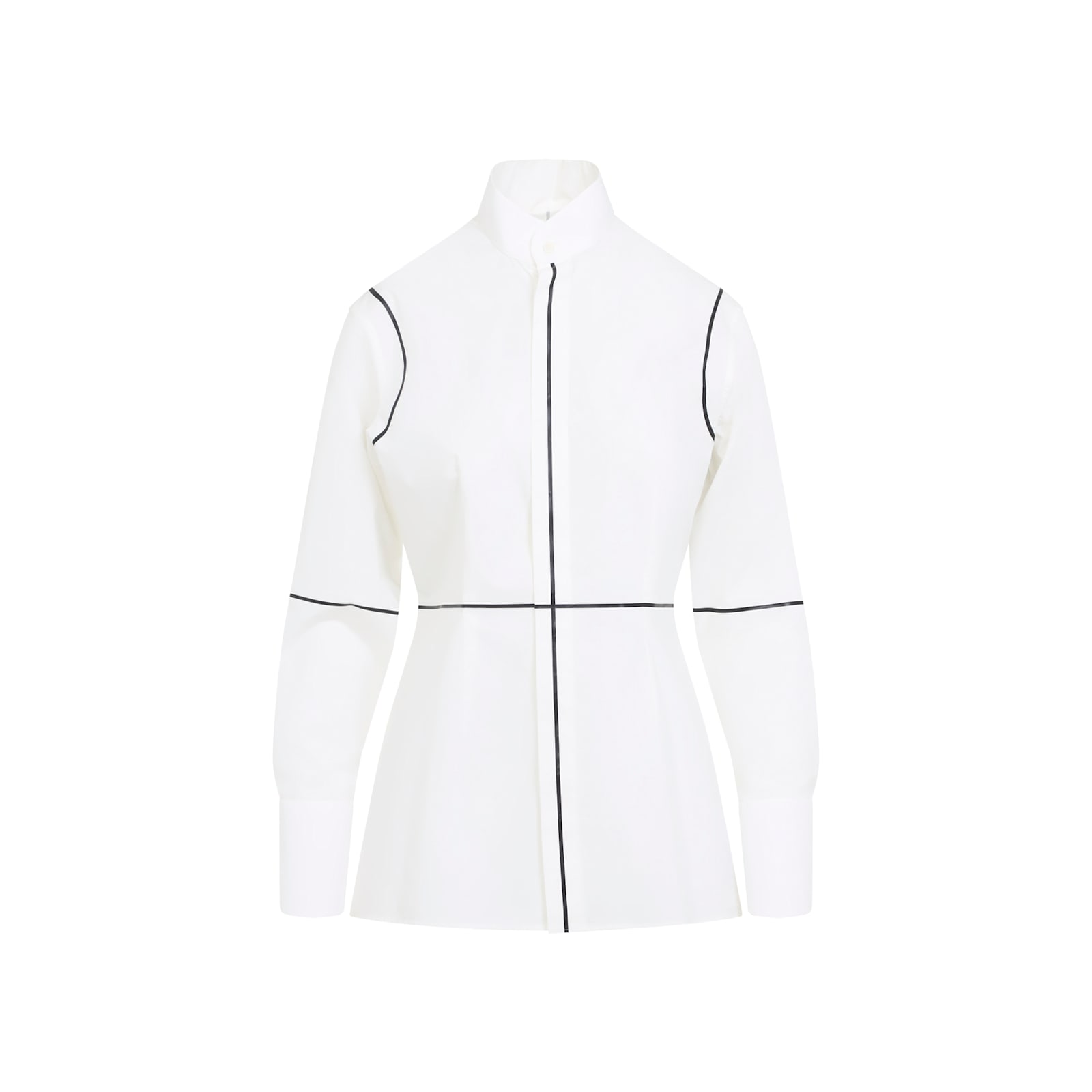 Mm6 Maison Margiela Stand-up Collar Off-white Cotton Shirt With Geometric Stripes In White
