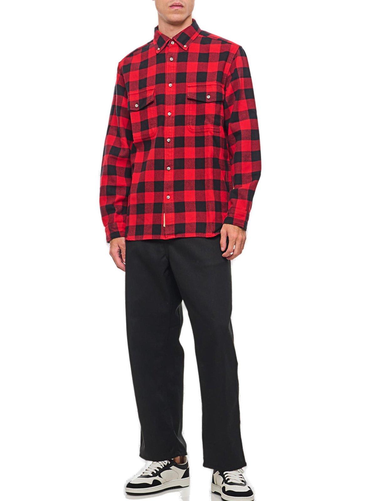 Woolrich Checked Cotton Flannel Shirt With Double Breast Pocket In Red Buffalo