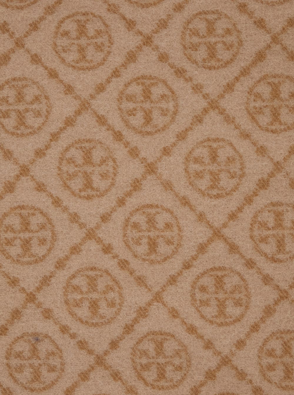 Tory Burch Beige Scarf With All-over T Motif Monogram And Fringed Edges In Wool Woman In Brown