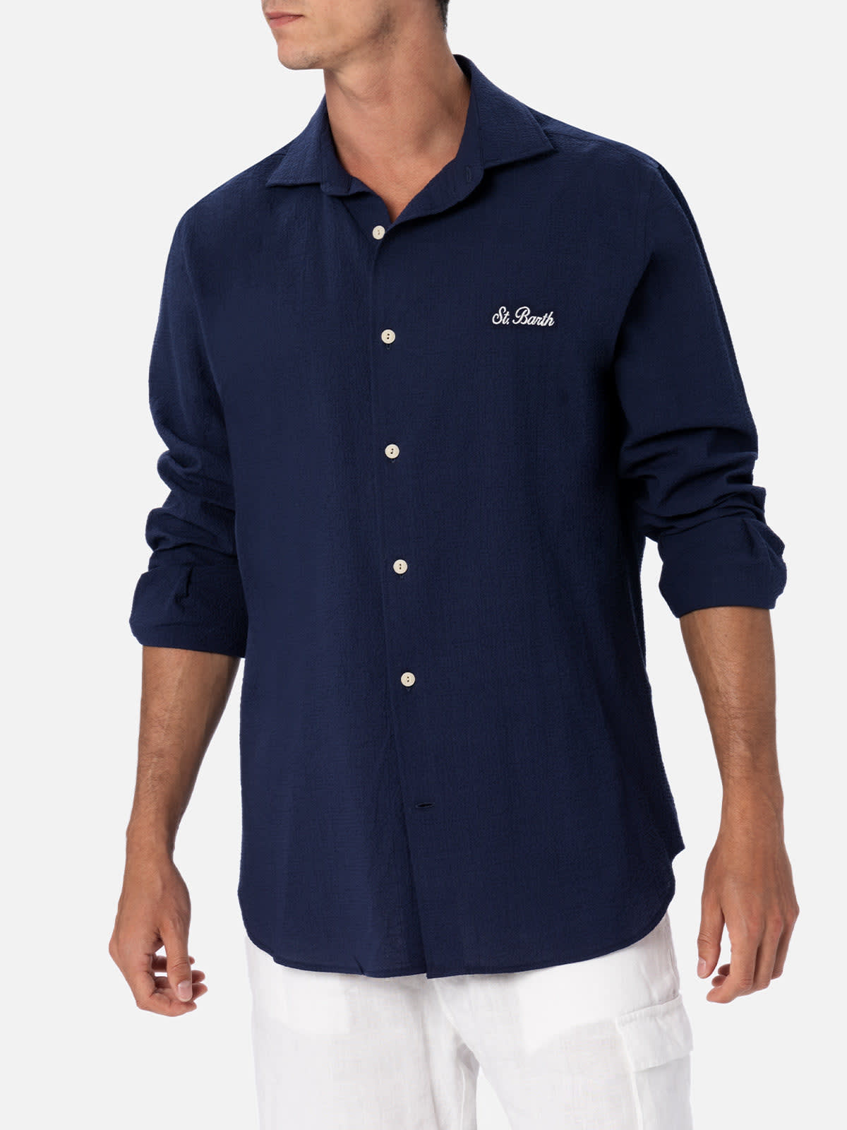 Mc2 Saint Barth Man Seersucker Blue Cotton Shirt Pamplona In Blue
