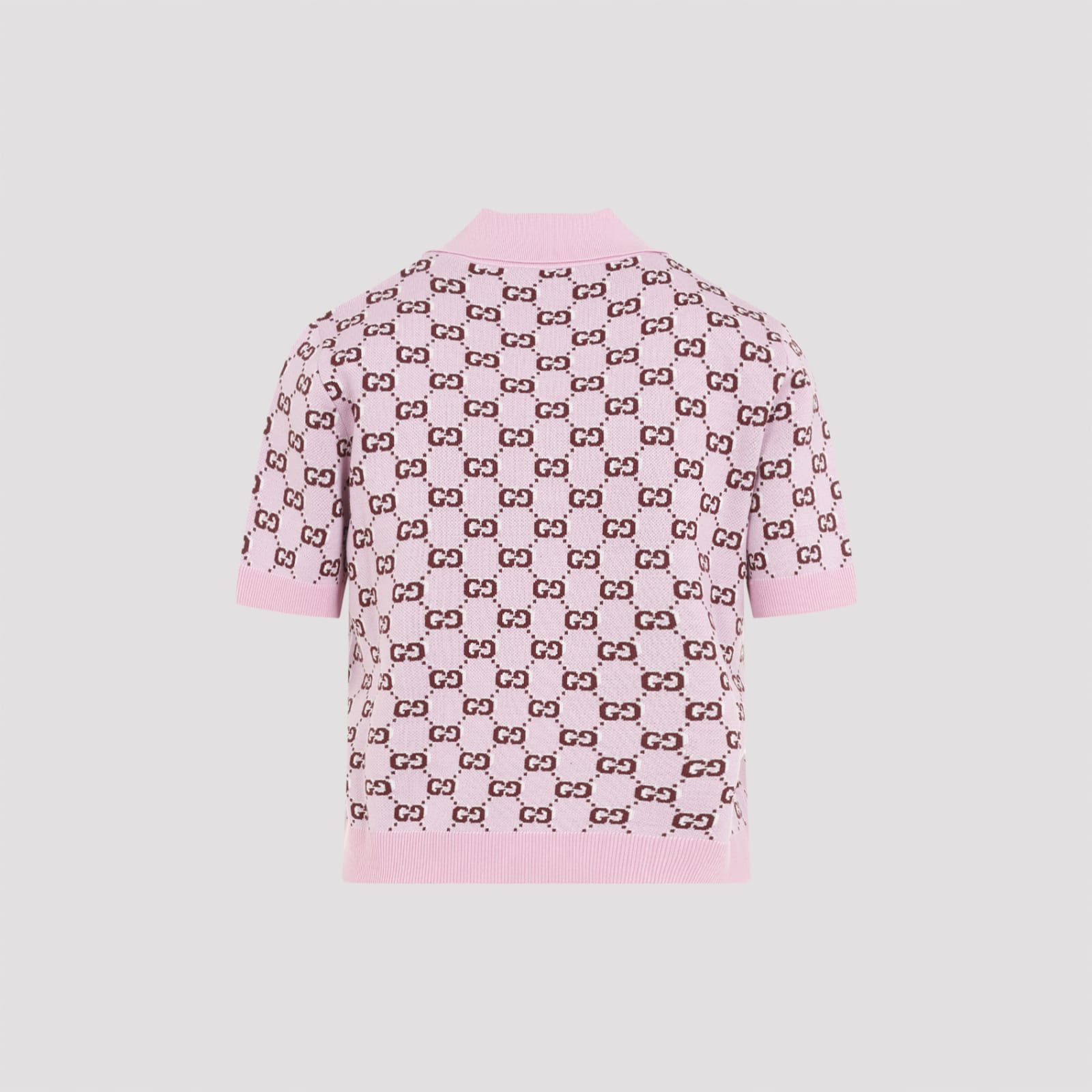 Gucci Wool Jacquard Polo Top With Gg Shadow In Pink Bordeaux Mc