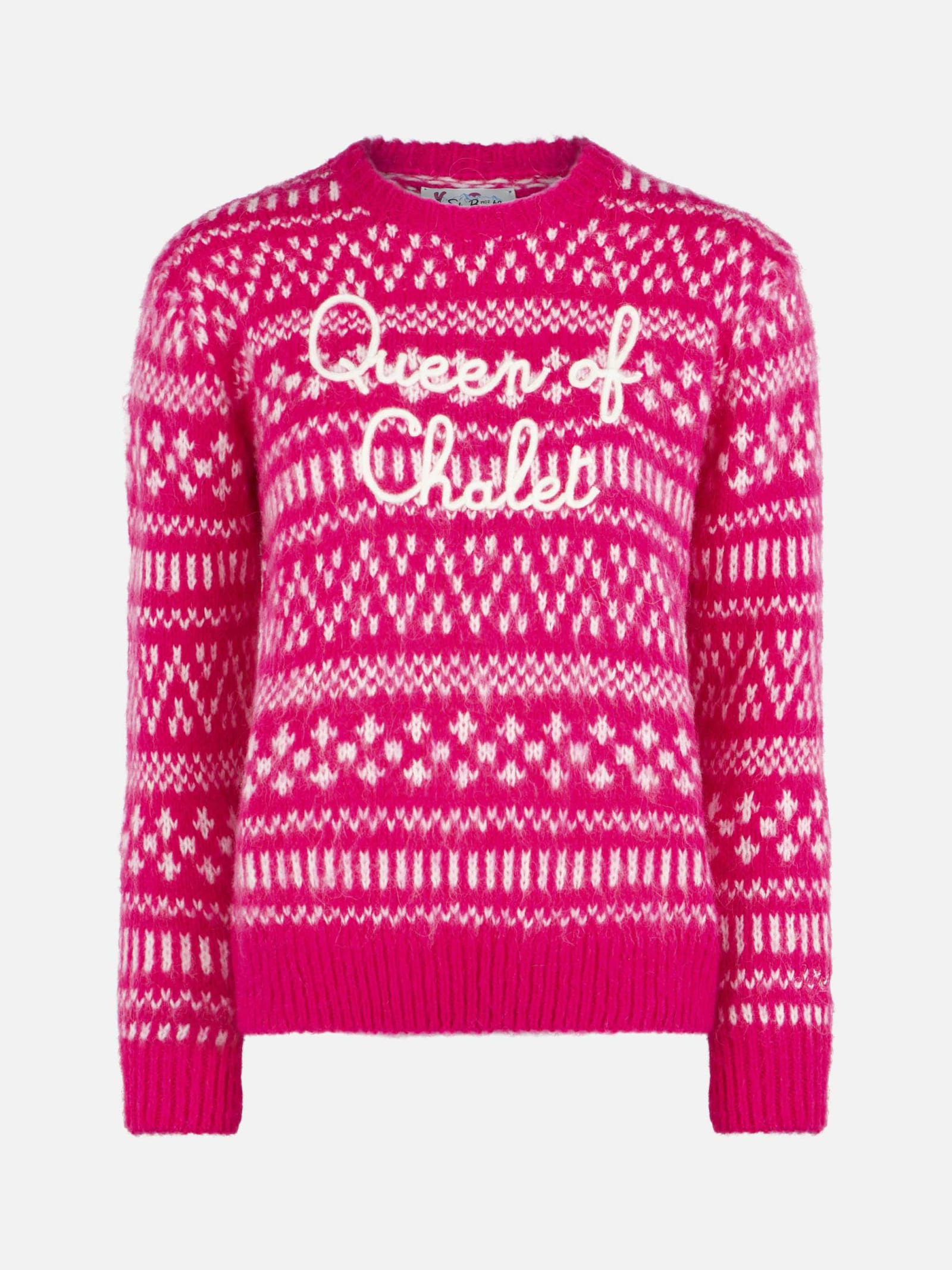 Shop Mc2 Saint Barth Woman Crewneck Soft Sweater With Fair Isle Print And Queen Of Chalet Embroidery In Pink