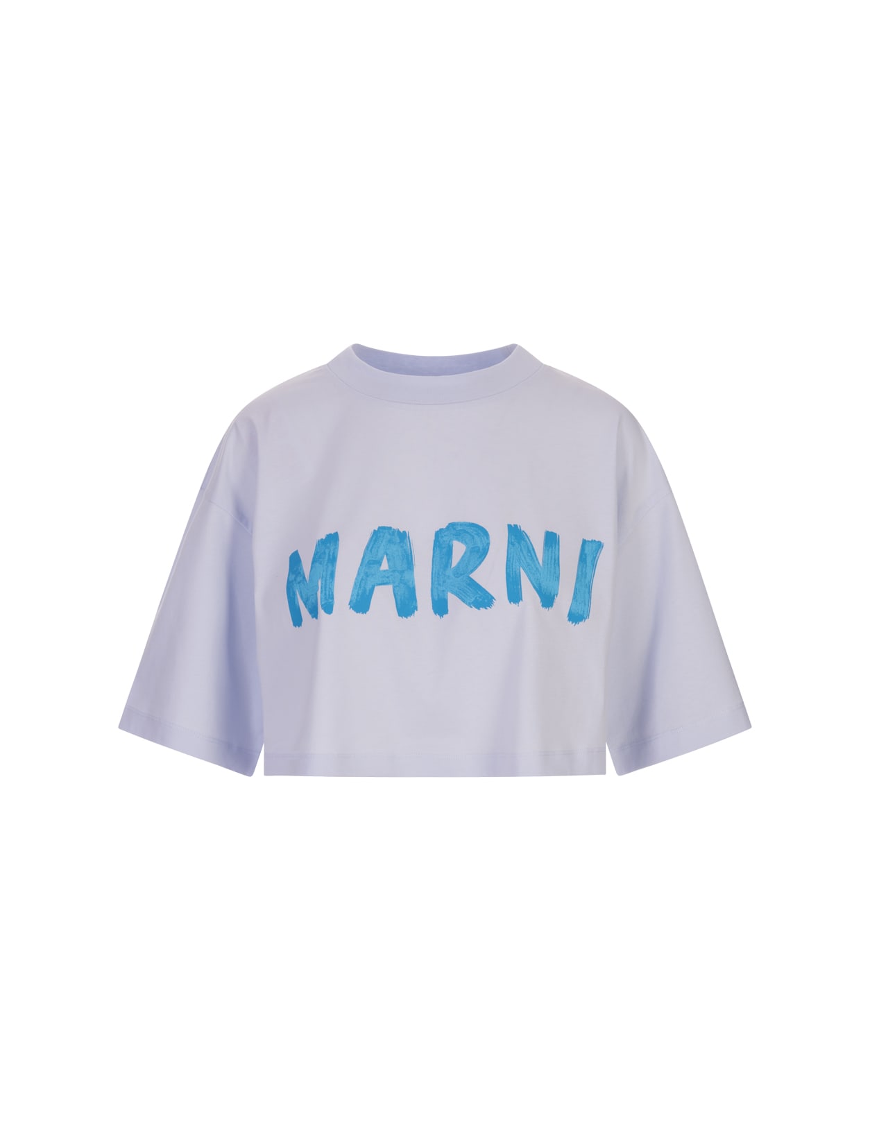 Shop Marni Light Blue Crop T-shirt With Blue Brushed Logo