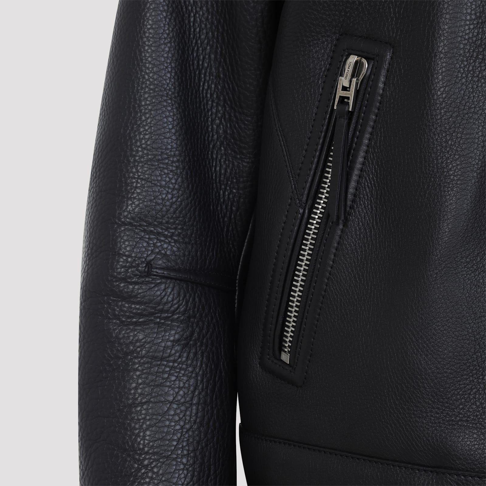 Tom Ford Fitted Black Leather Jacket With Stand Collar And Zippered Cuffs In Blue