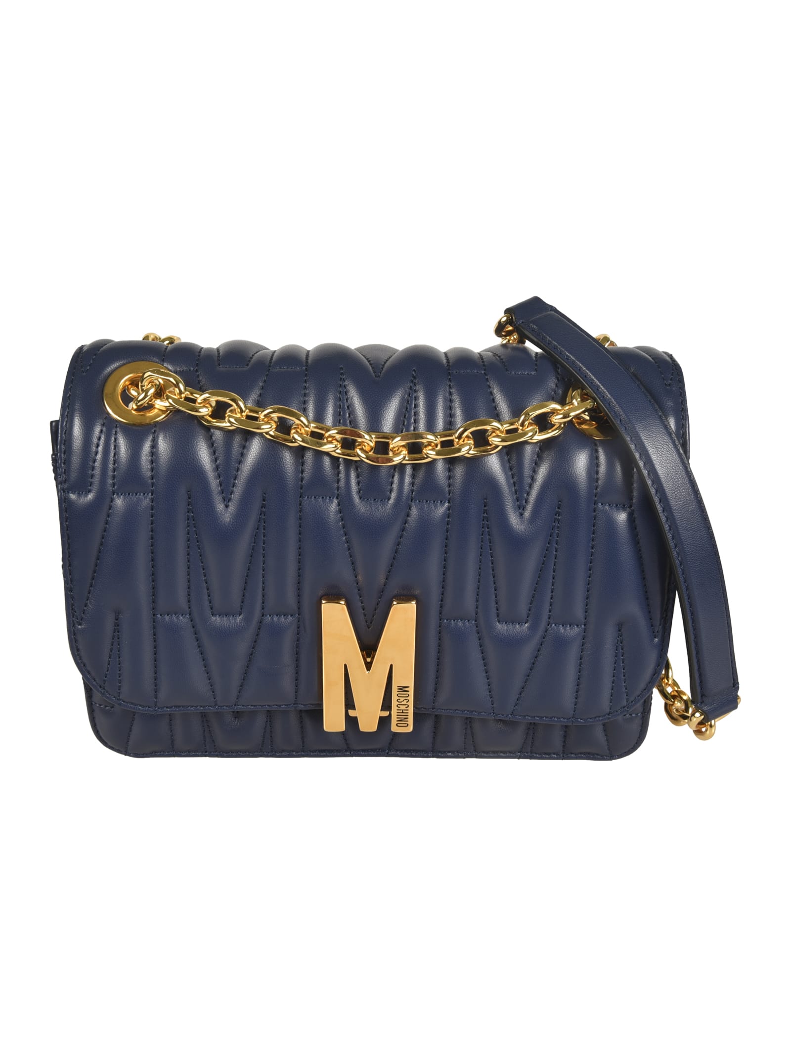 Shop Moschino Logo Quilted Shoulder Bag In Blue