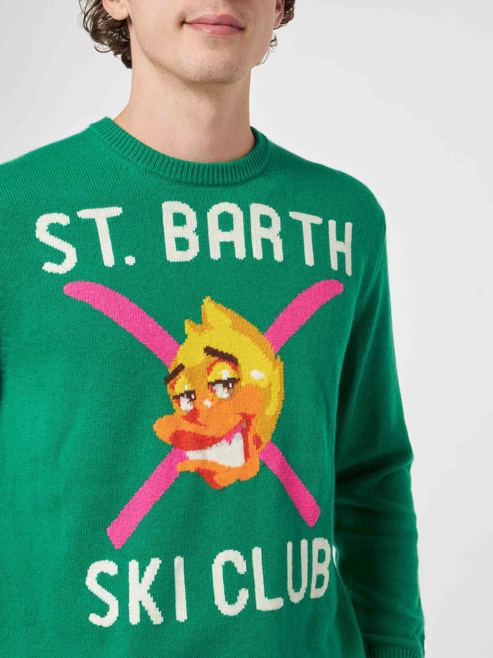 Mc2 Saint Barth Man Crewneck Sweater With Crypto Ducky Jacquard Print Crypto Puppets Special Edition In Green