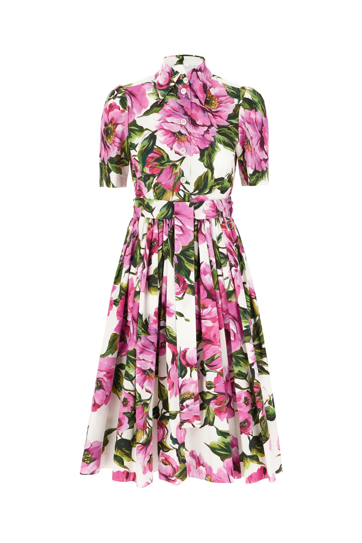 Dolce & Gabbana Pink Crewneck Dress With Logo Lettering Detail On The Front And All-over Floral Motif In Cotton Woma In Peonie Fuxia Bianco