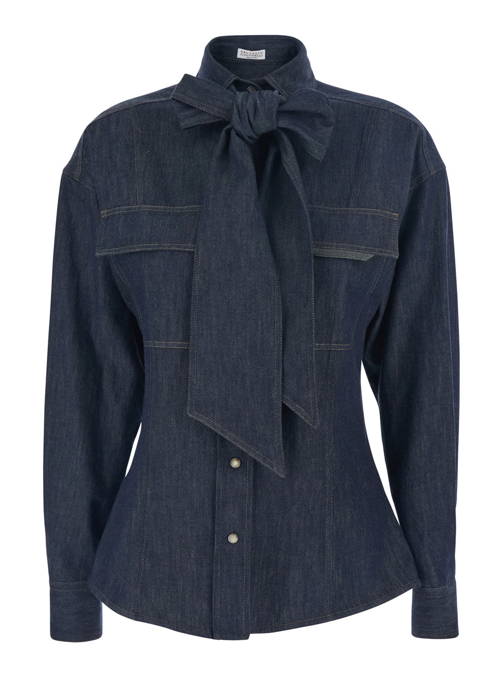 Brunello Cucinelli Blue Shirt With Bow Detail And Button Closure In Denim Woman In Blue