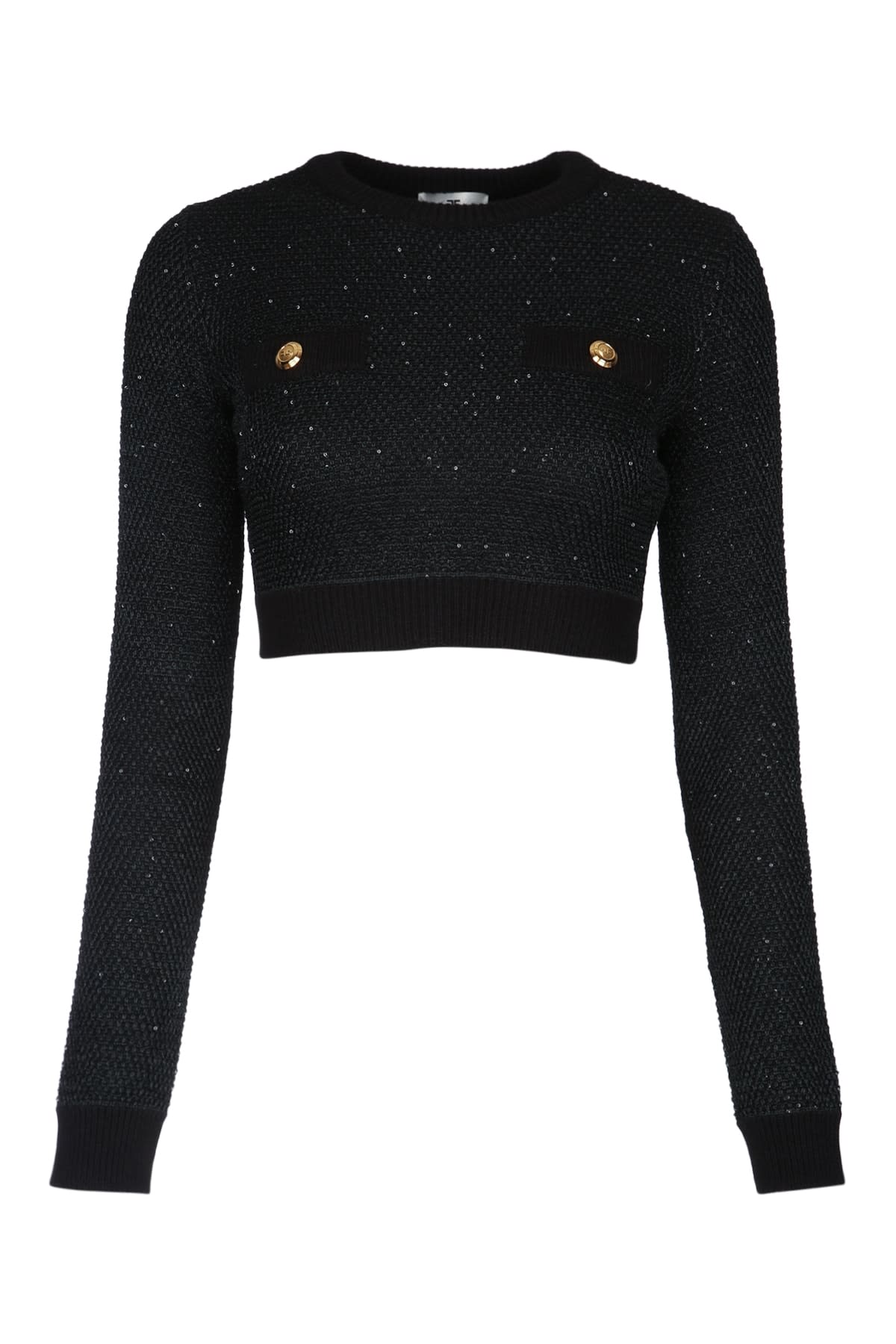 Elisabetta Franchi Textured Knit Cropped Sweater With Jewel-button Pockets In Black