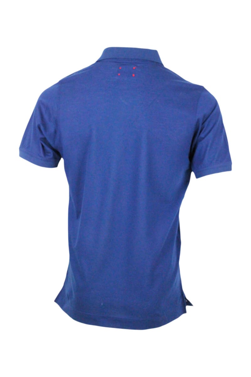 Shop Kiton Short-sleeved Polo Shirt In Very Soft Cotton Crepes With Closure With Three Press Studs With Logo In Blu