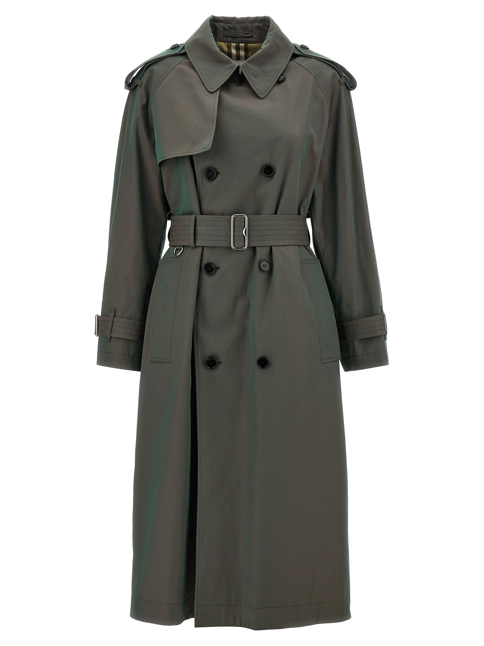 Shop Burberry Long Iridescent Trench Coat In Green