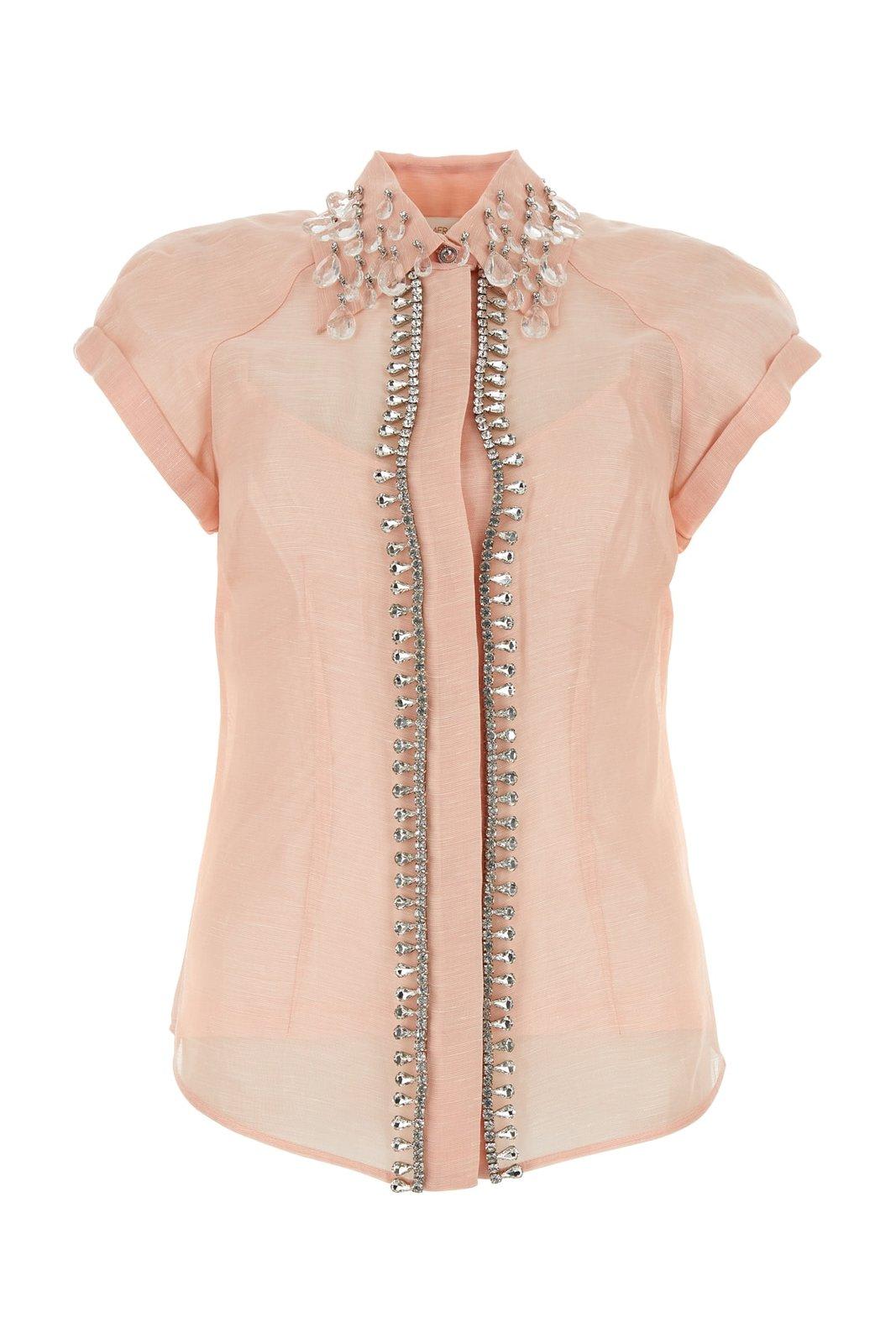 Shop Zimmermann Diamante Embellished Semi-sheer Shirt In Pink