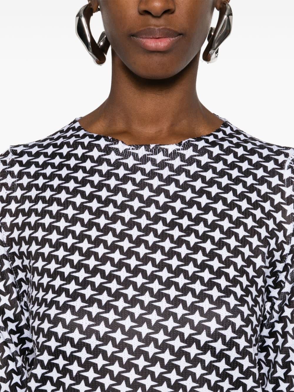 Comme Des Garçons Fine Ribbed Star Print Round Neck Top In Black