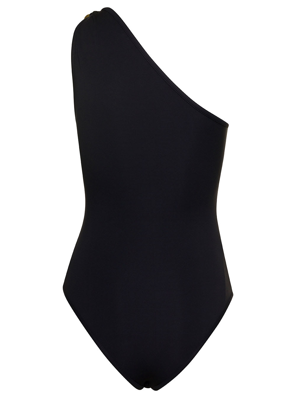 Shop Bottega Veneta Black Mono-shoulder Swimsuit With Golden Detail In Polyamide Woman