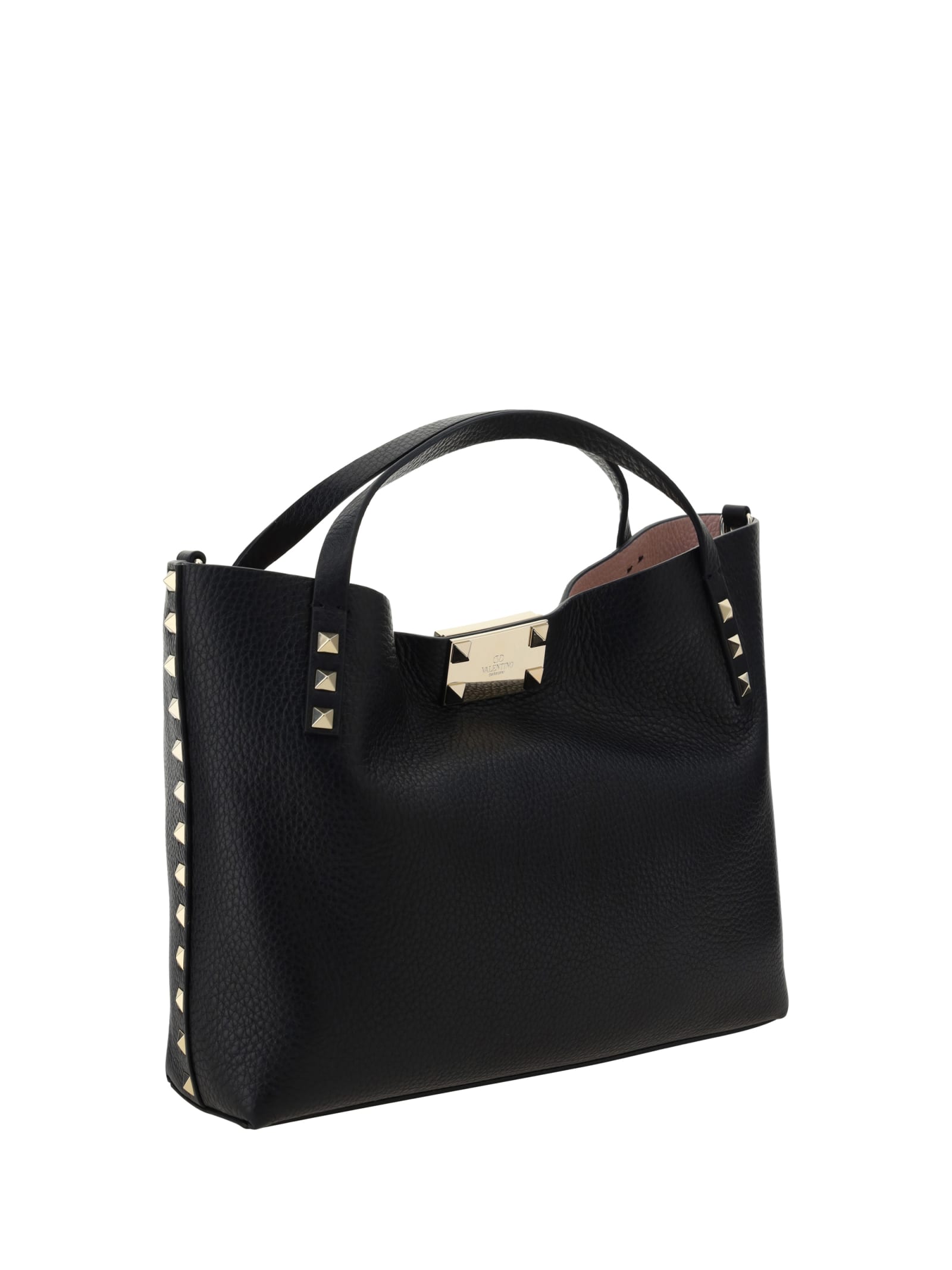 Shop Valentino Rockstud Handbag In Nero/rose Quartz