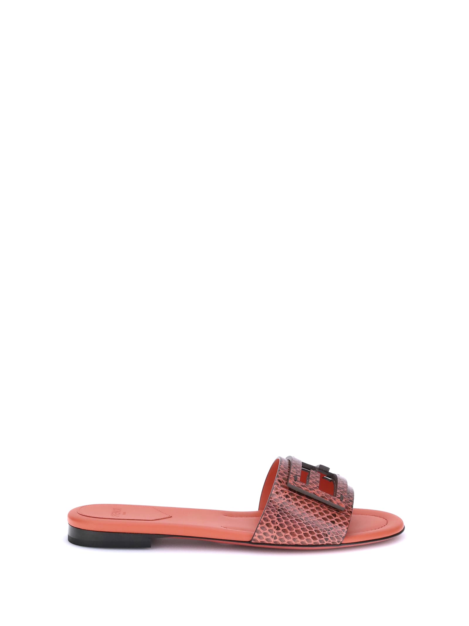 Fendi Leather Flat Sole Slides With Metal Embellishment