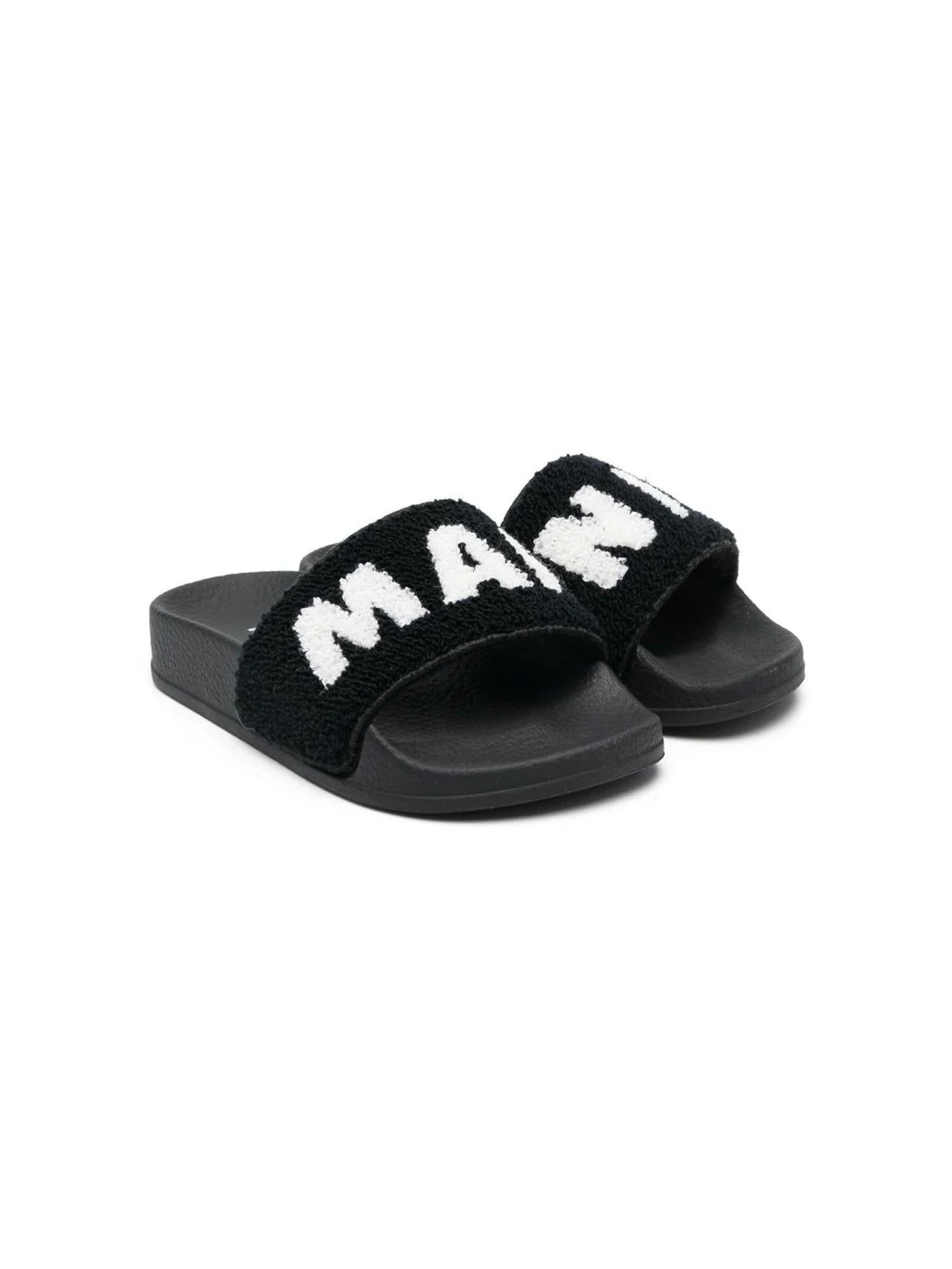 MARNI EMBROIDERED-LOGO BOUCLÉ SLIPPERS