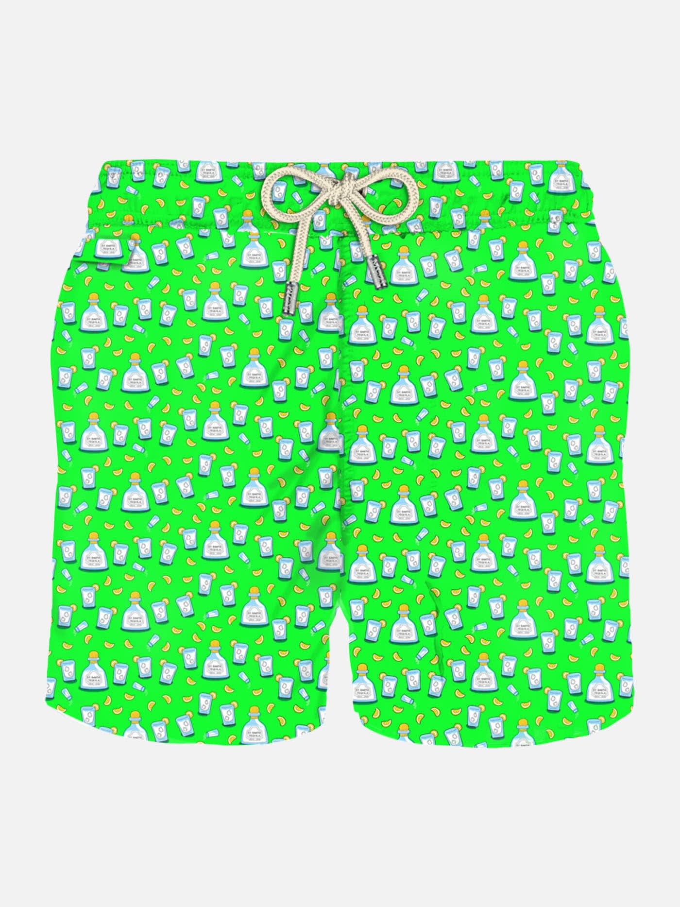 Mc2 Saint Barth Man Light Fabric Swim Shorts With Tequila Print In Fluo