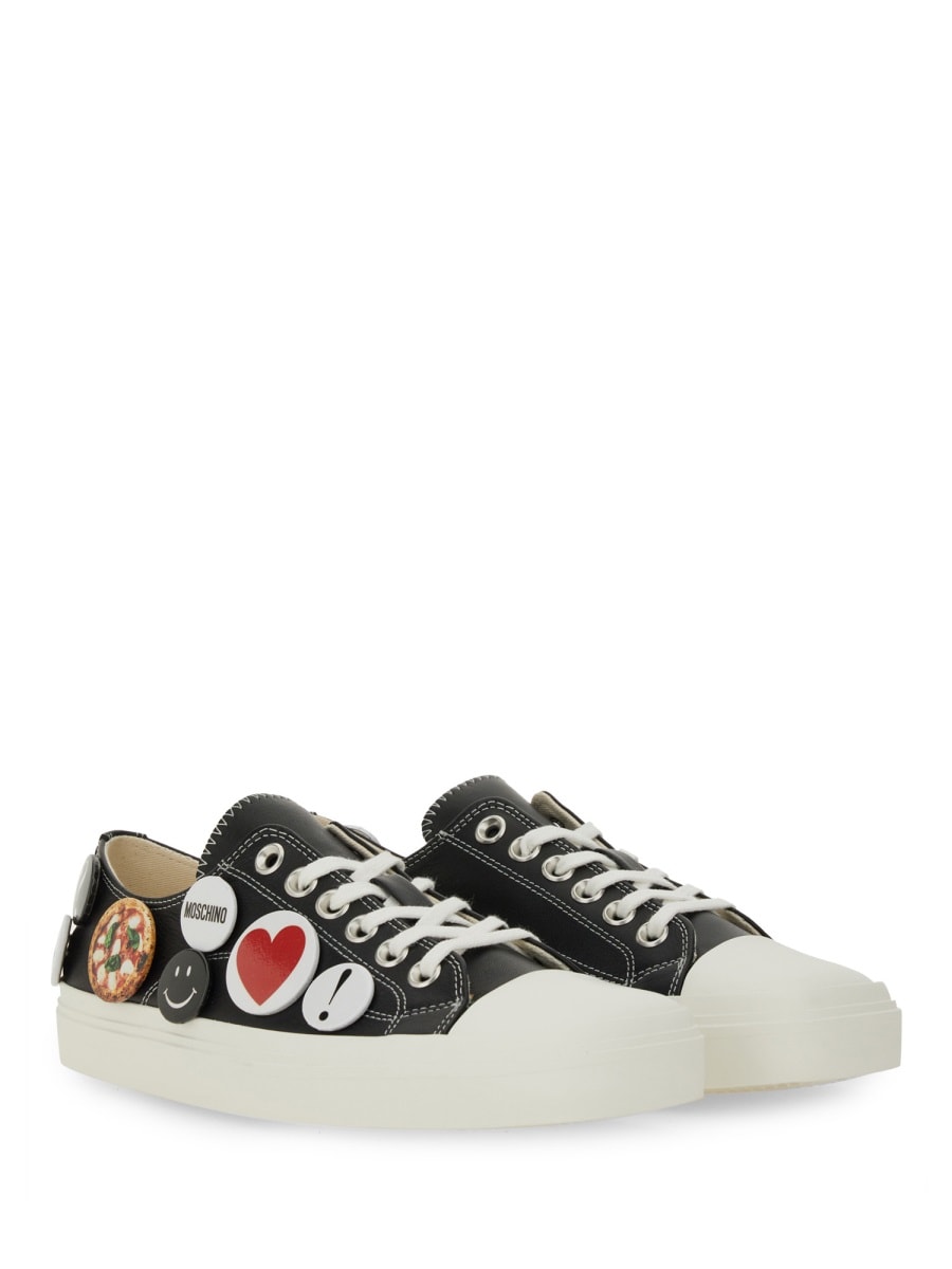 Moschino Black Leather Sneakers With Playful Pins In Black
