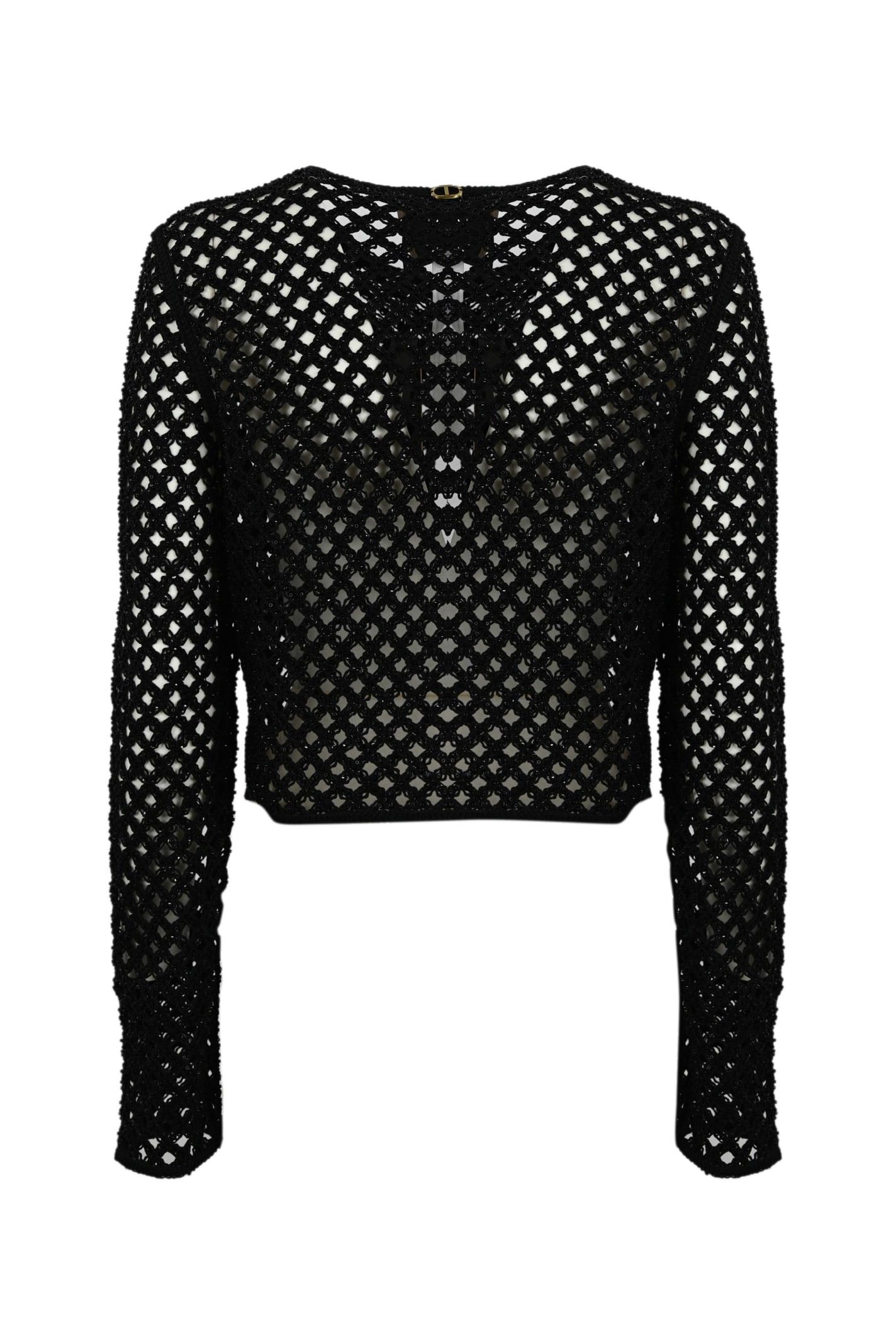 Shop Twinset Mesh Cardigan With Beads And Rhinestones In Nero