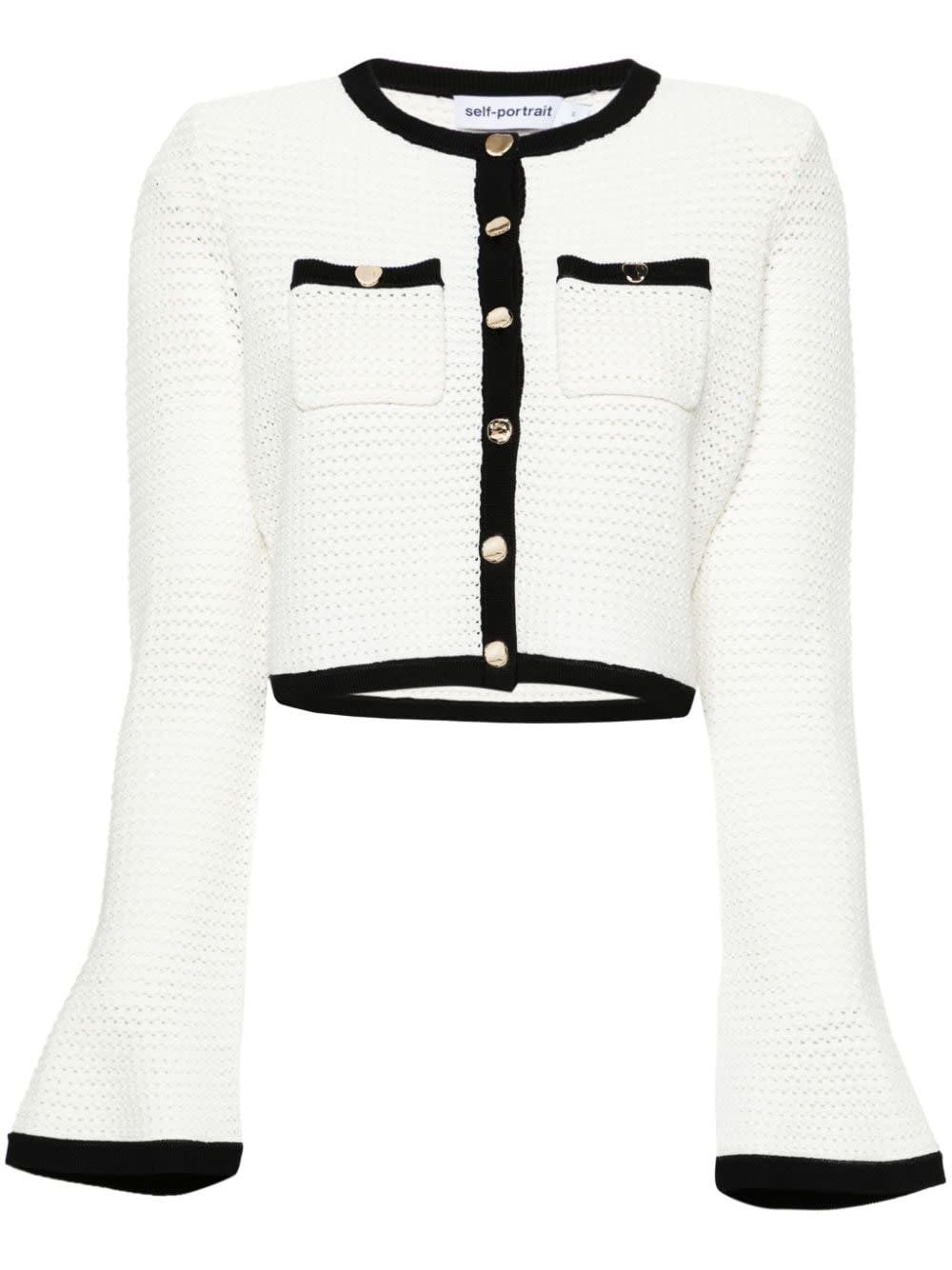 Self-portrait Crochet Cropped Cardigan In White