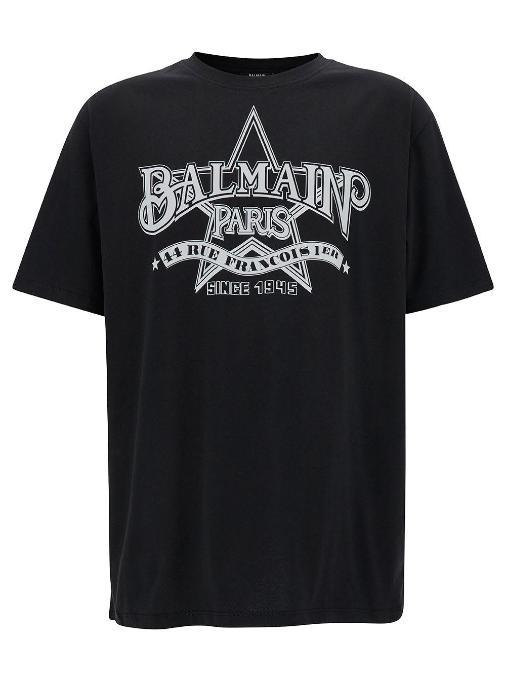 Shop Balmain Black T-shirt With Star Graphic Print In Cotton Man