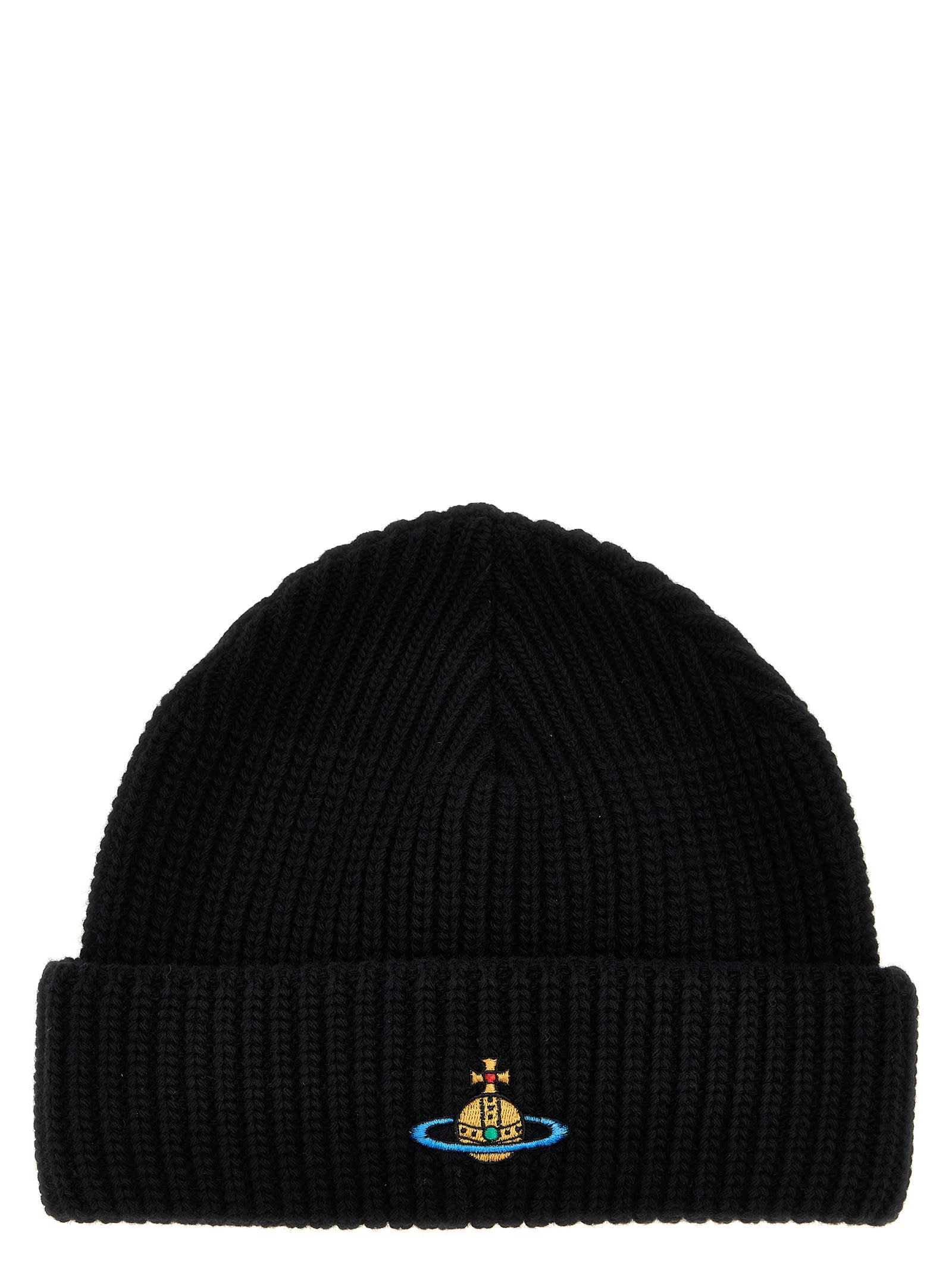 ★Vivienne Westwood★ 24FW ORB Embroidered Logo Beanie Black Vivienne Westwood Orb-embroidered Beanie In Black Fabric