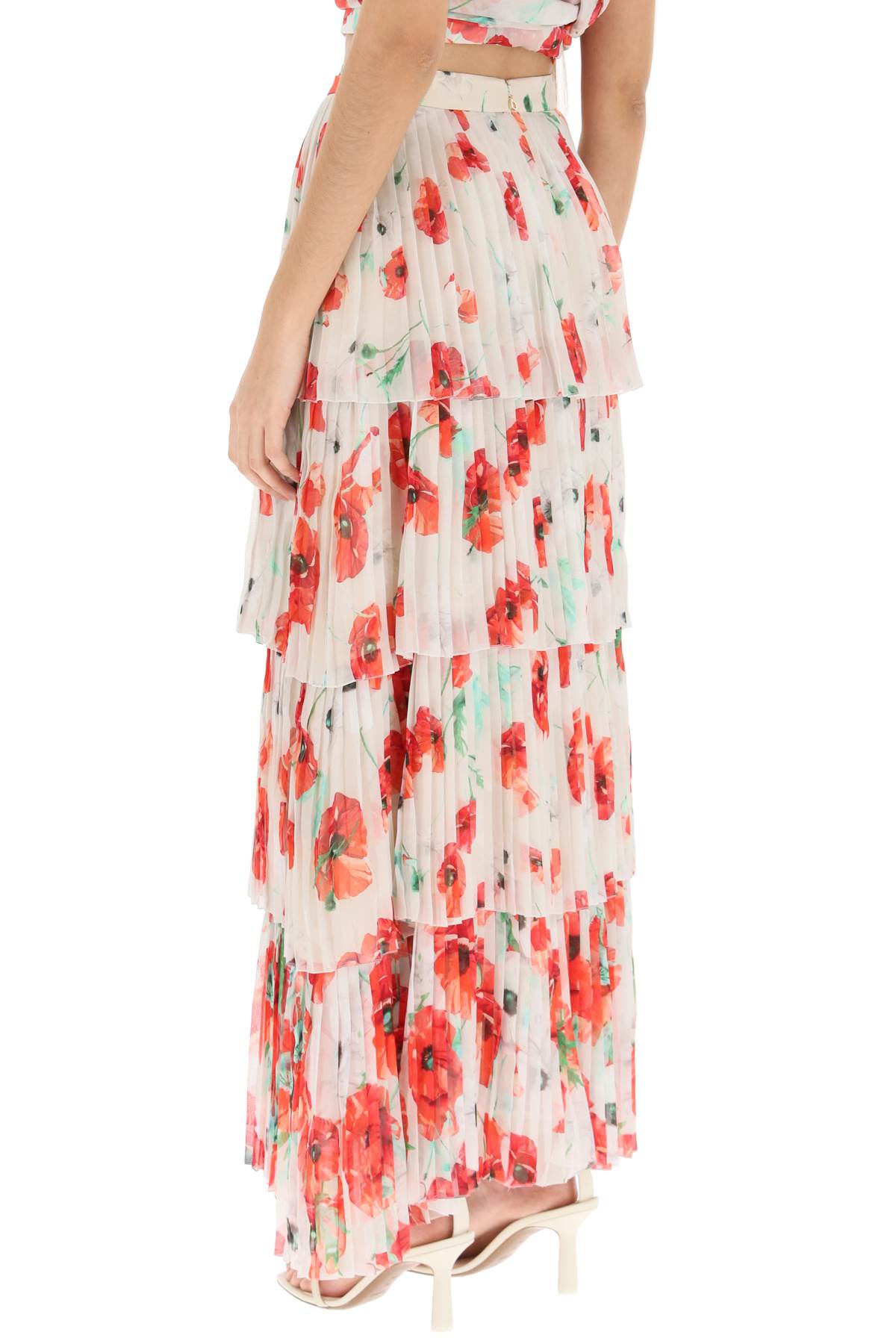 Shop Raquel Diniz Luise Long Tiered Skirt In Pleated Silk In Red Grey Blossom (white)