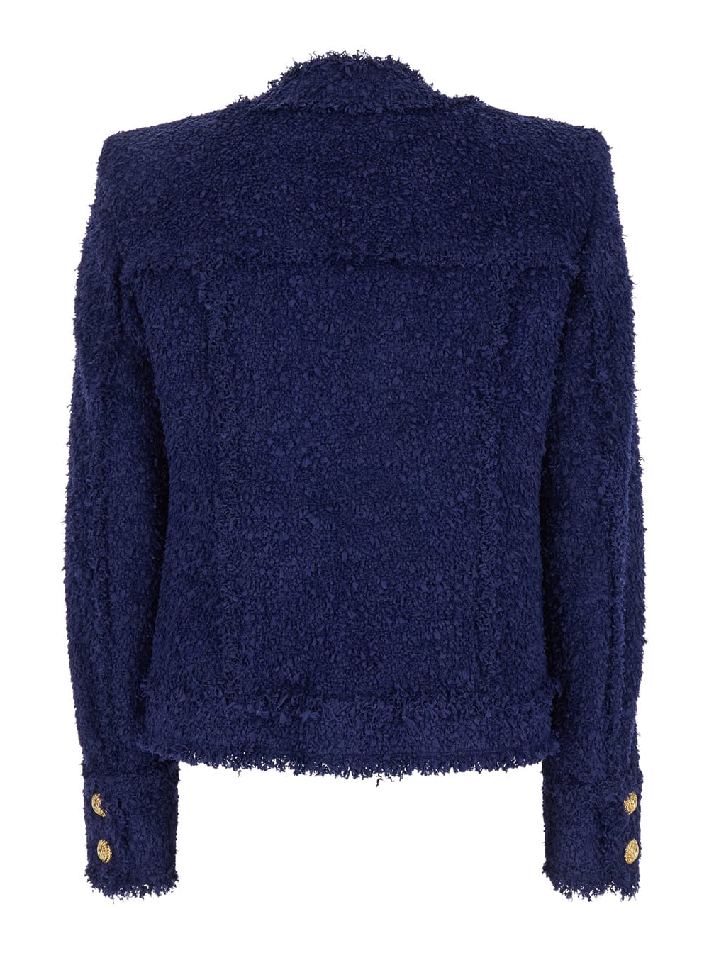 Shop Balmain Blue Collarless Jacket With Gold Buttons In Tweed Woman