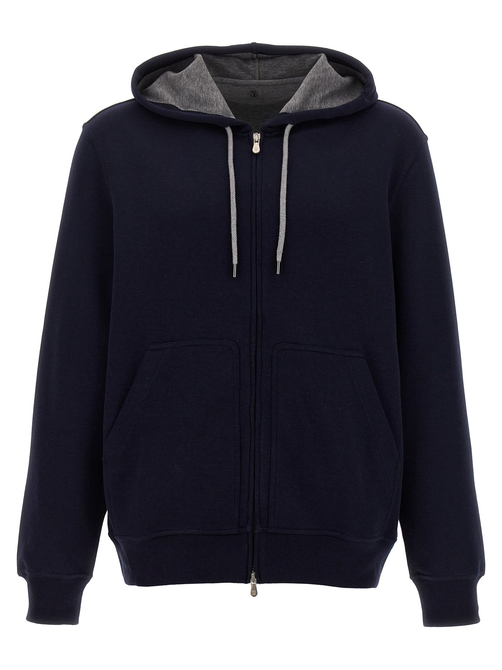Brunello Cucinelli Techno Cotton Interlock Zip-front Hooded Sweatshirt In Blue