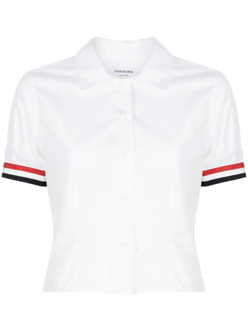 THOM BROWNE SHORT SLEEVE TUCKED BLOUSE WITH RWB GG CUFF IN SOLID POPLIN