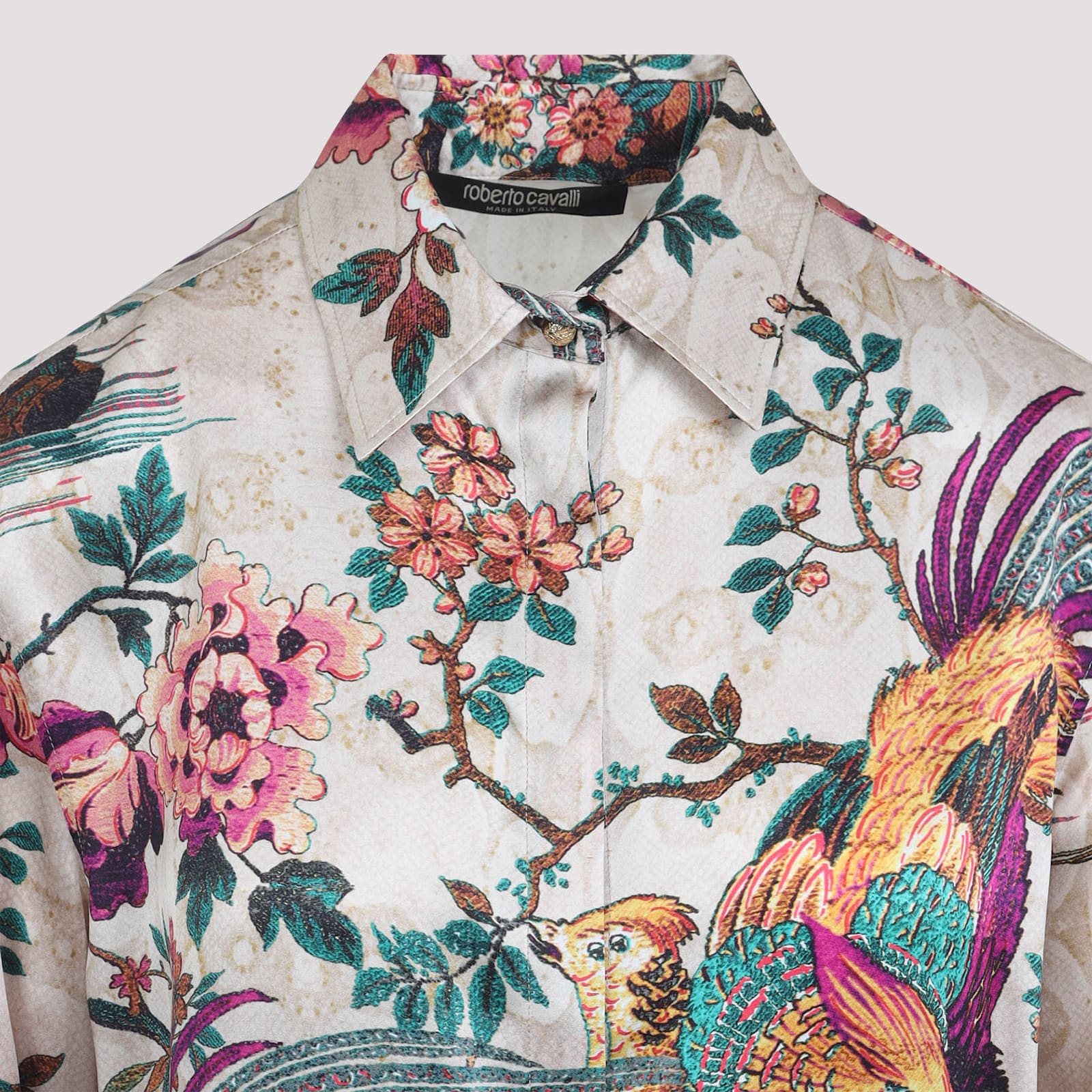 Roberto Cavalli Silk Floral Print Shirt In White