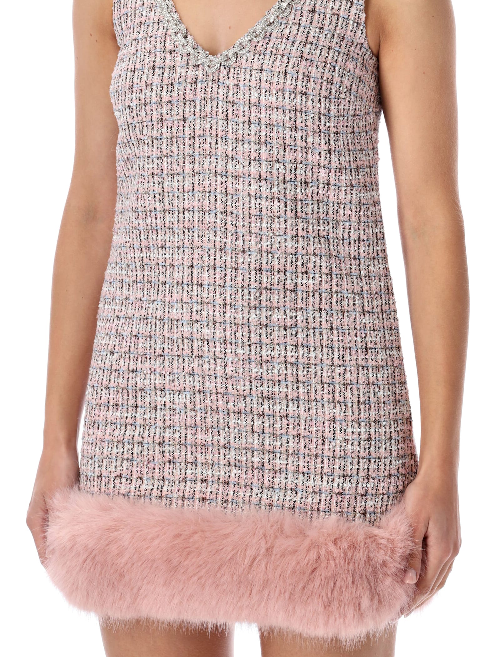 Self-portrait Bouclé Mini Dress With Faux Fur Hem In Neutral