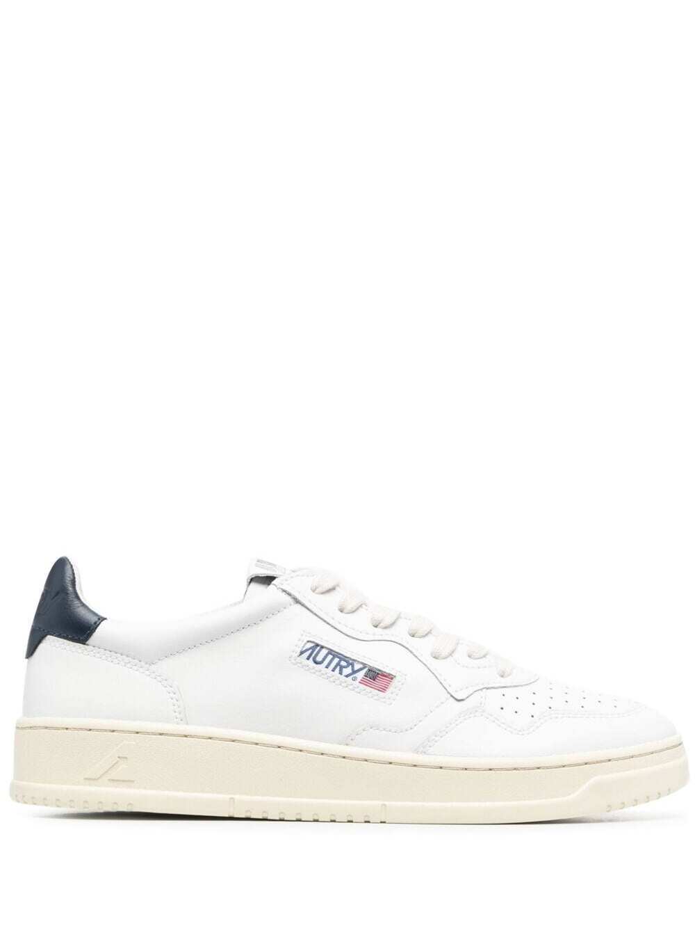 Shop Autry Medalist Low White Sneakers With Navy Blue Heel Tab In Leather Man