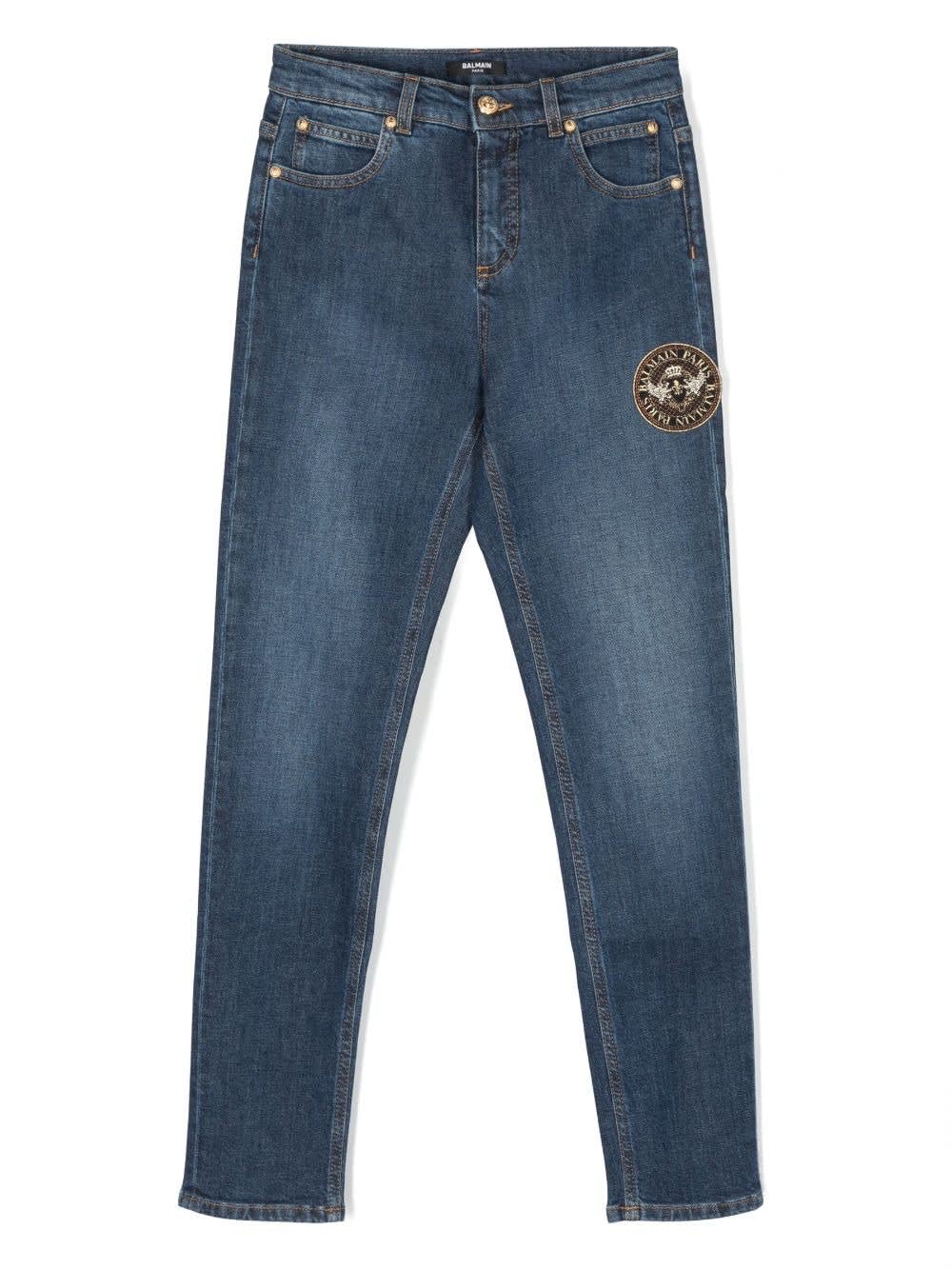 Shop Balmain Blue Straight-leg Jeans With Logo Patch In C