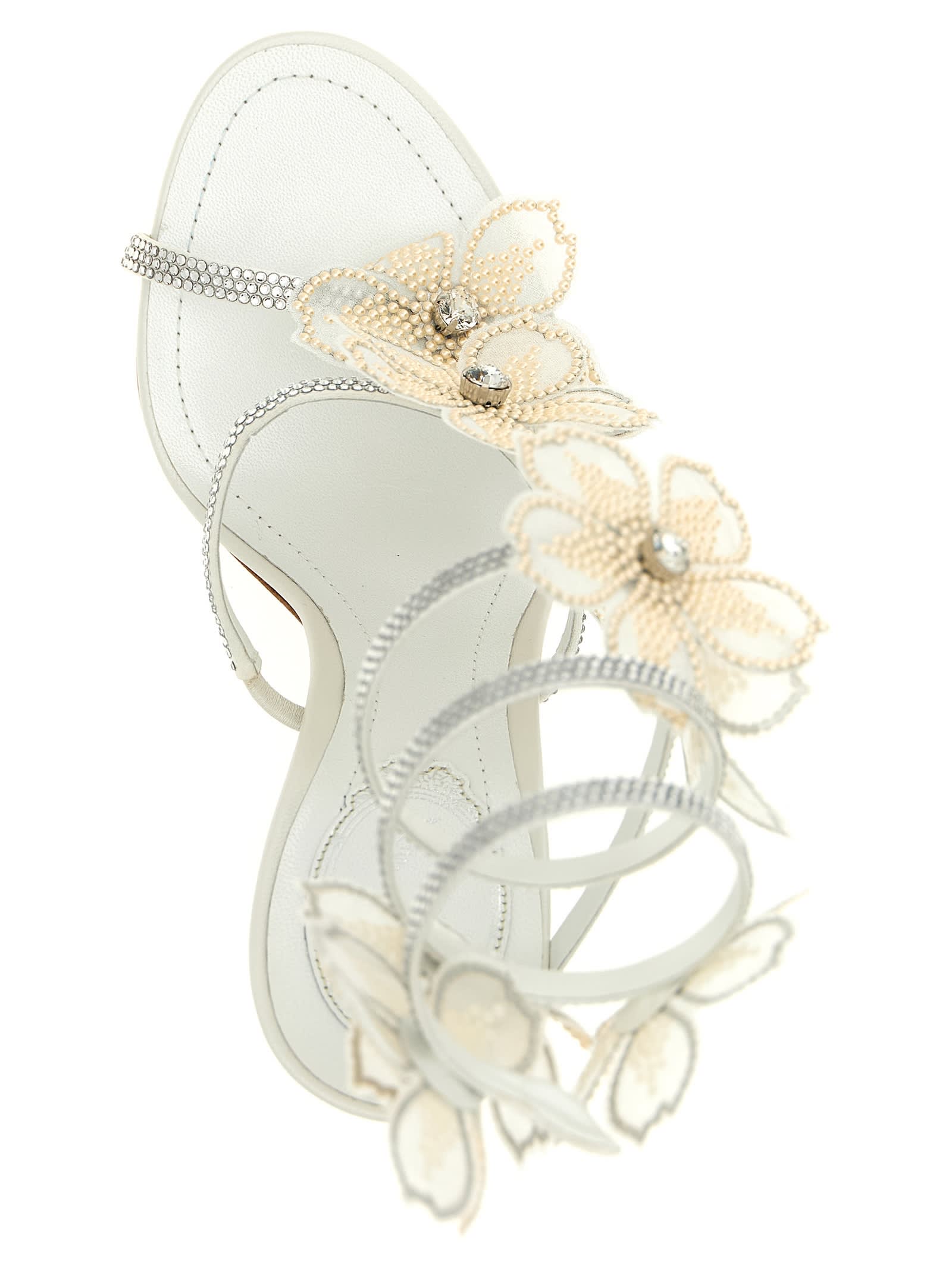 René Caovilla Peach Flower Sandals In White