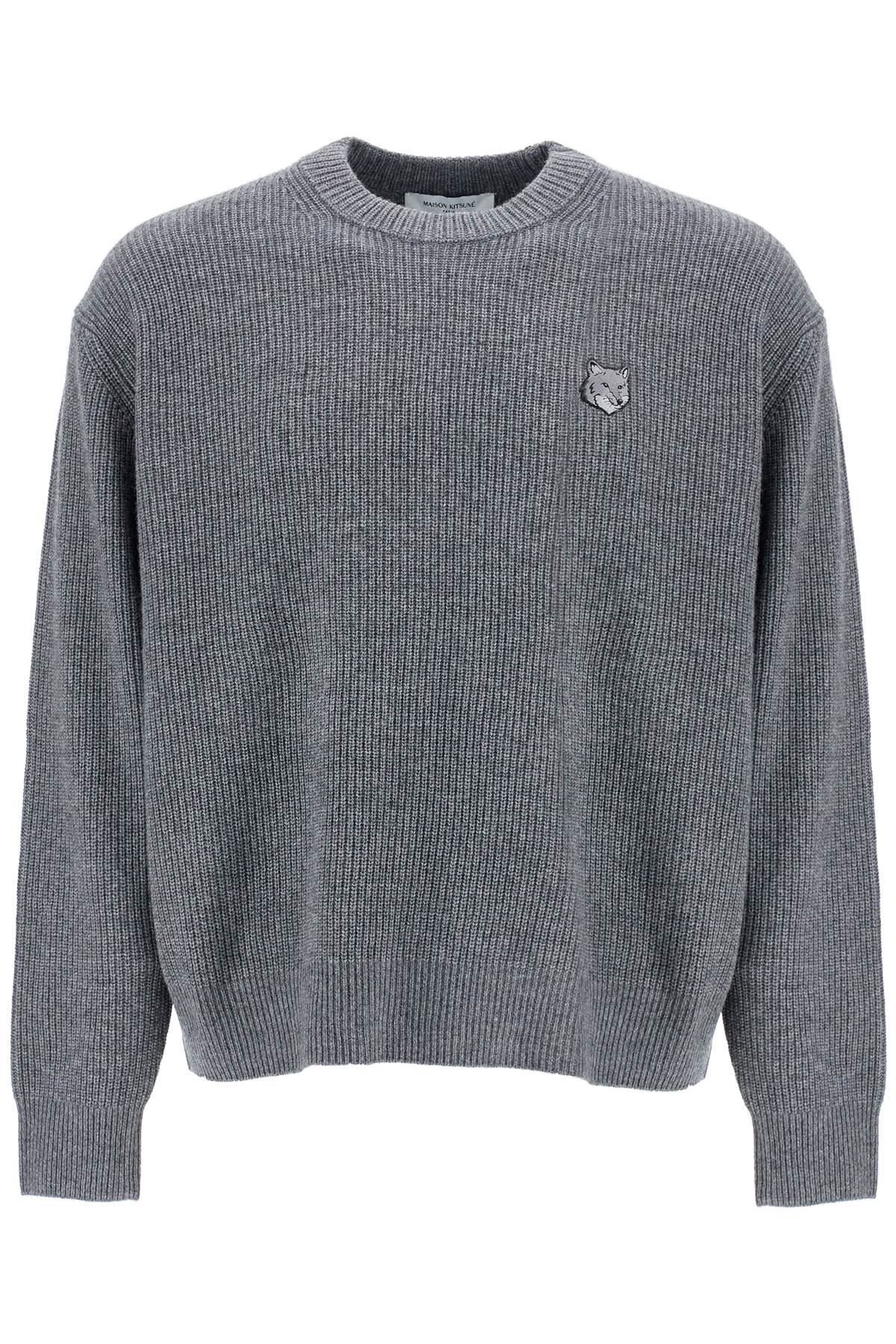 Maison Kitsuné Gray Mélange Wool Sweater With Embroidered Fox Logo