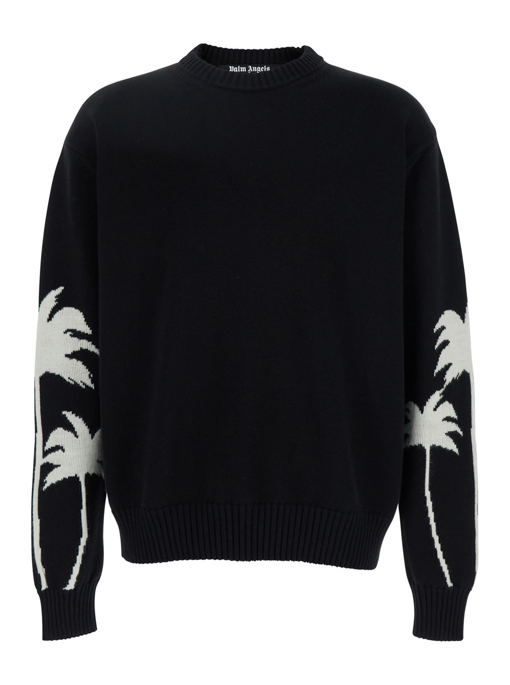 Black Sweater With Palms Motifs In Cotton And Wool Blend Man