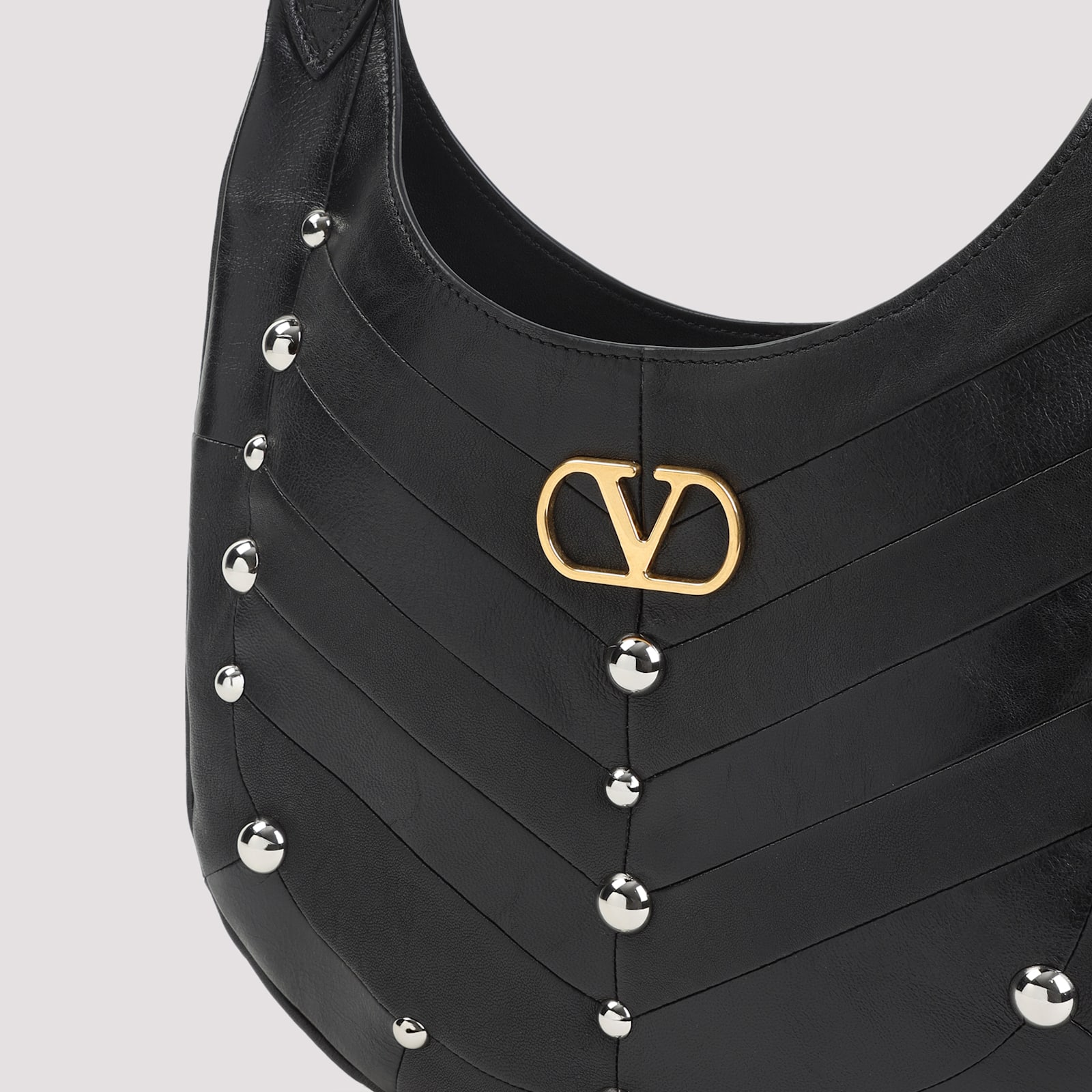 Valentino Garavani Hoboho Hobo Bag In Chevron-patterned Nappa Leather With Studs In Black