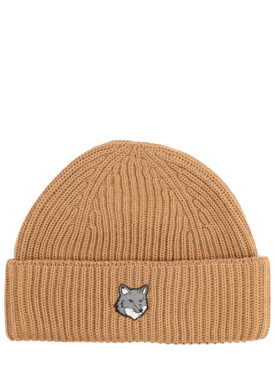 Maison Kitsuné Beanie With Fox Patch In Brown