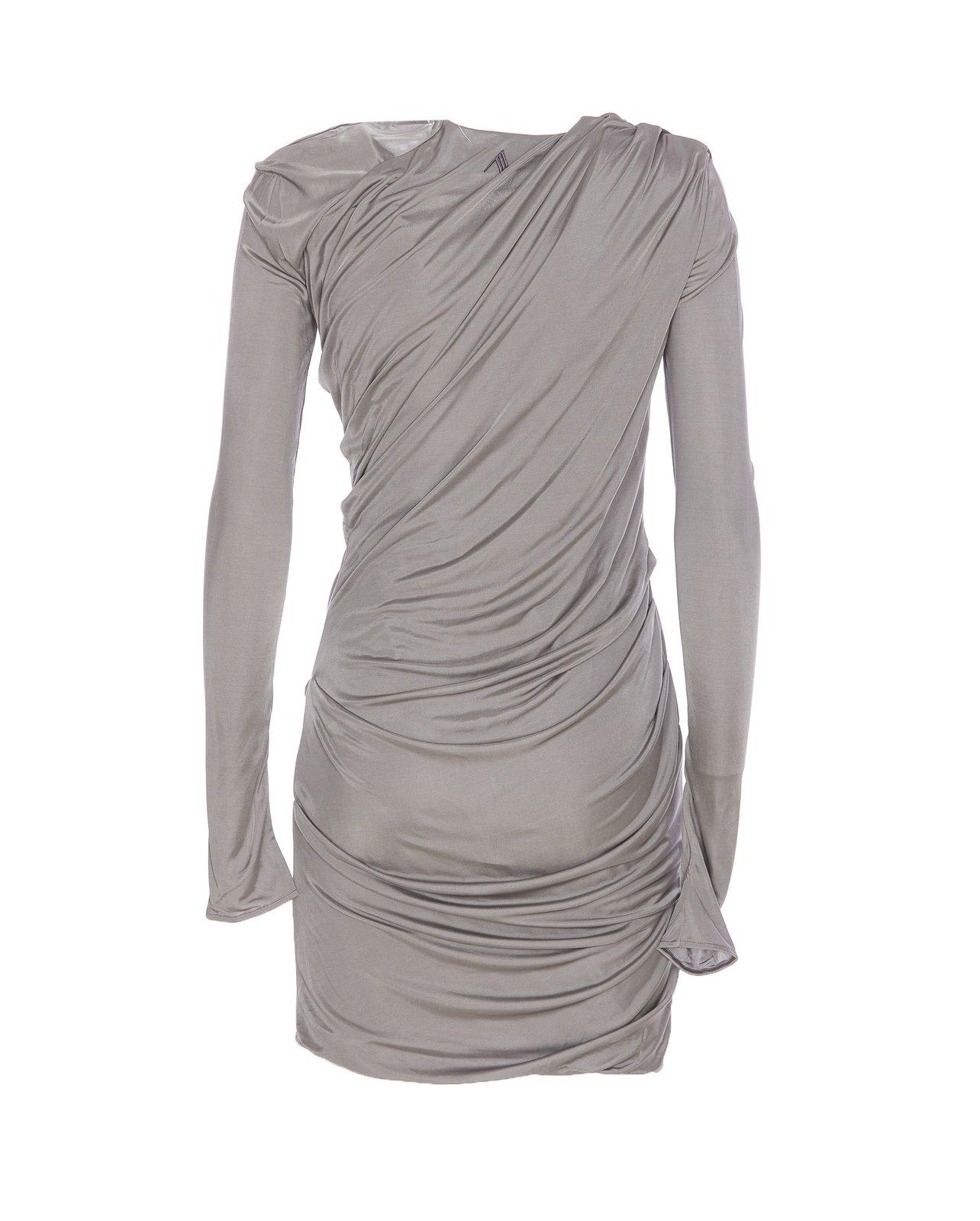 Attico Draped Satin Long Sleeved Mini Dress In Grey