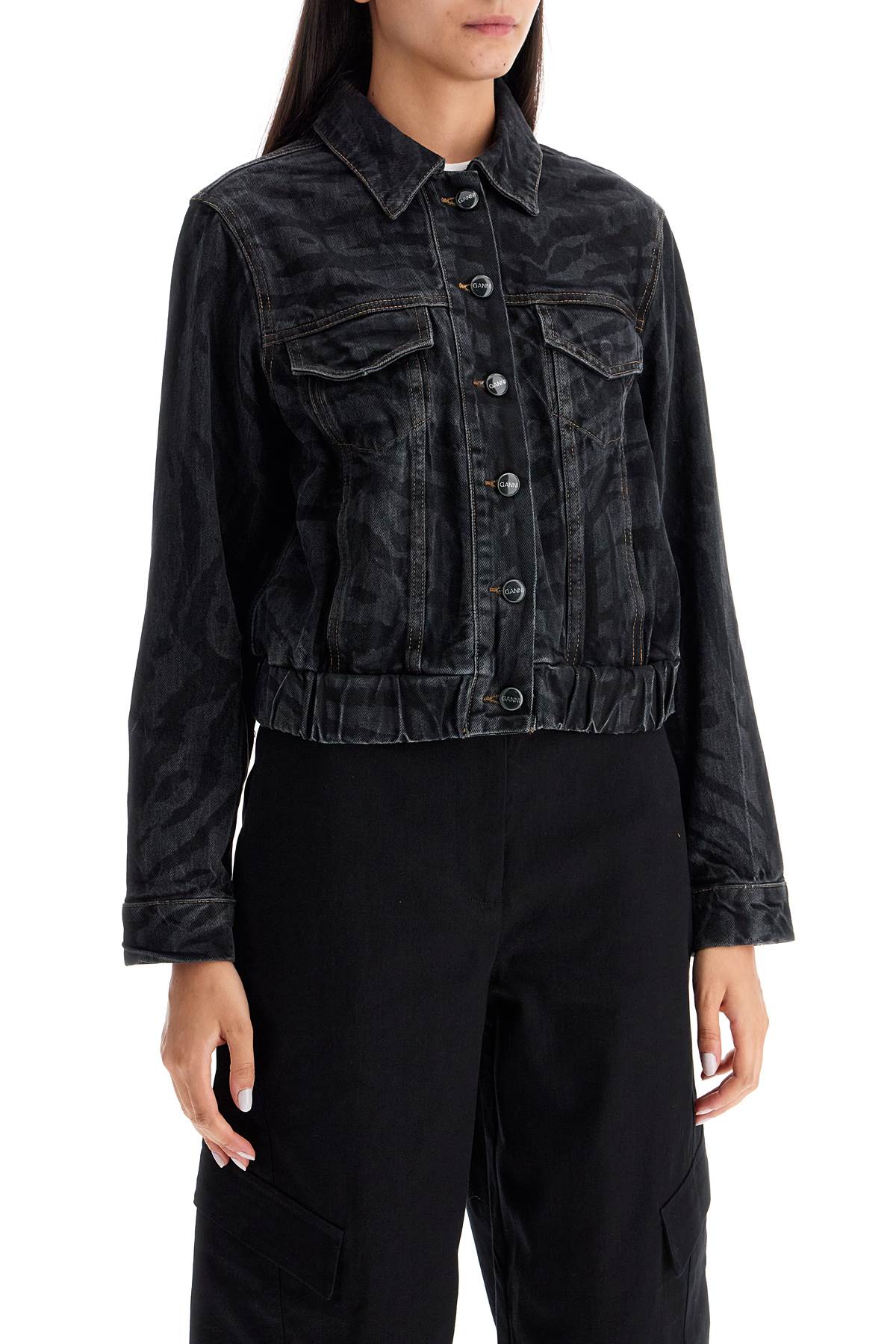 Shop Ganni Cut\n\nshort Denim Jacket With Laser-cut In Black (black)