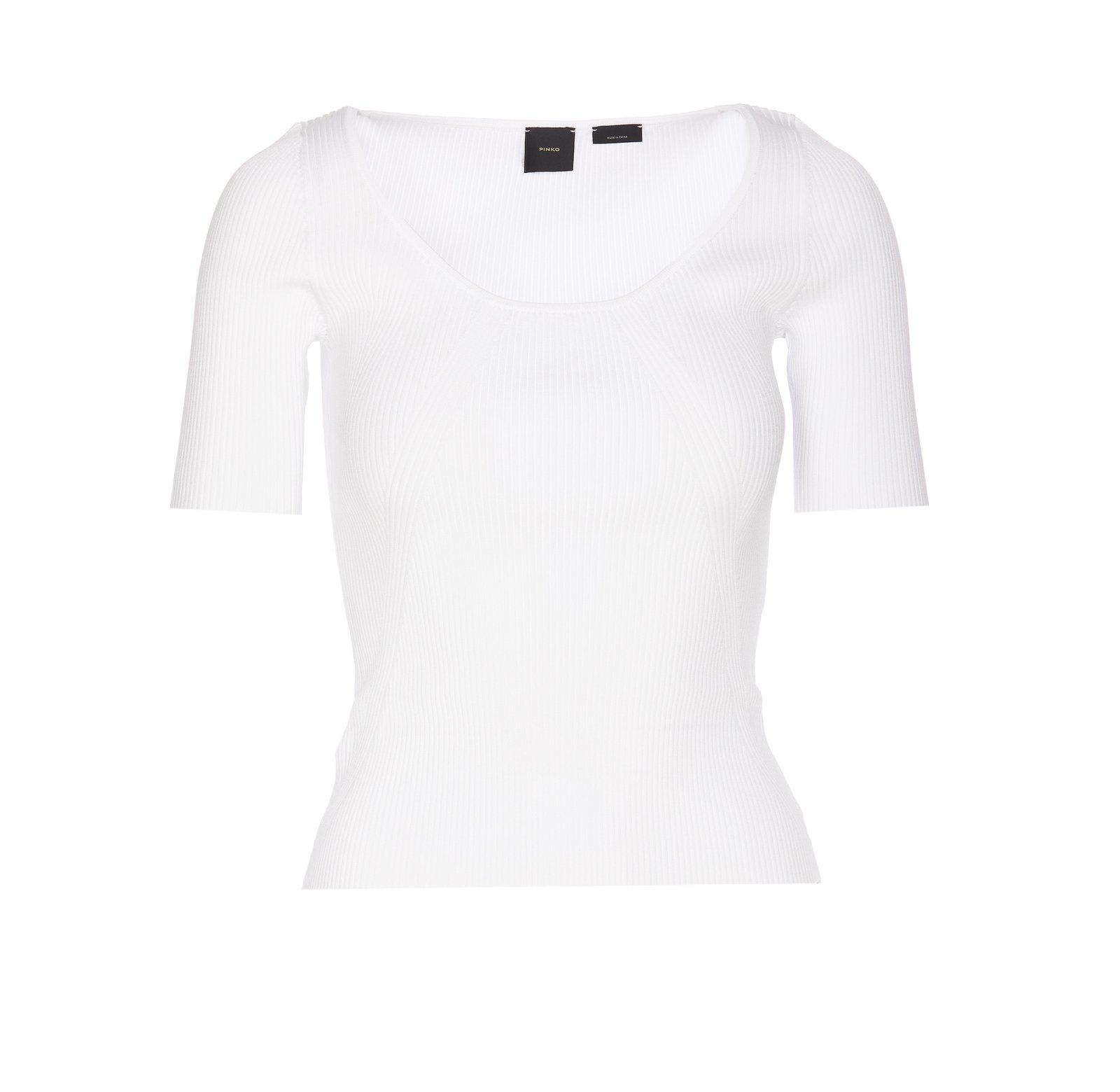 Pinko Embroidered-logo U-neck T-shirt In Bianco-biancaneve