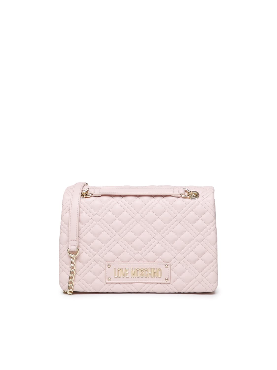 Shop Love Moschino Quilted Bag With Logo Plaque In Pale Pink