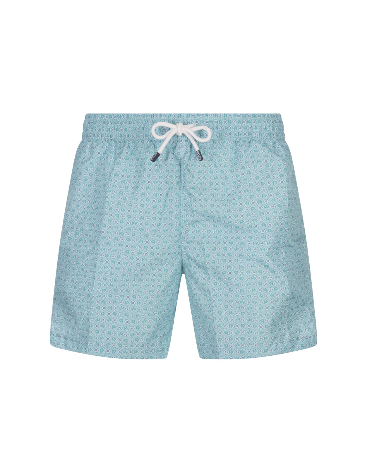 Turquoise Swim Shorts With Elephants And Flowers Pattern