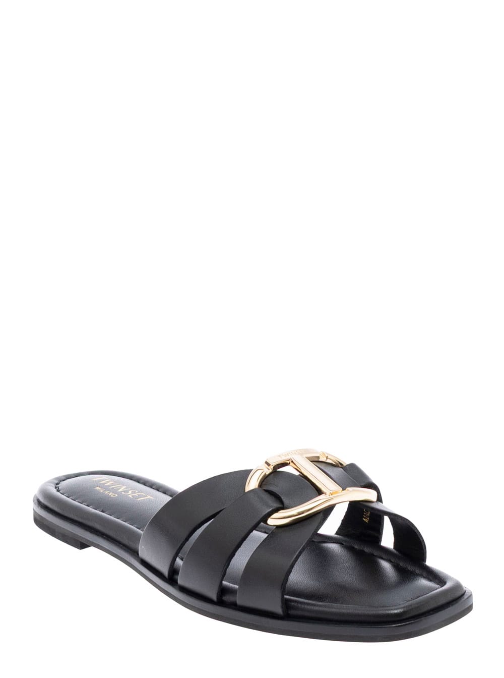 Black Sandals With Crisscross Strap And Metallic Oval T On The Front In Leather Woman