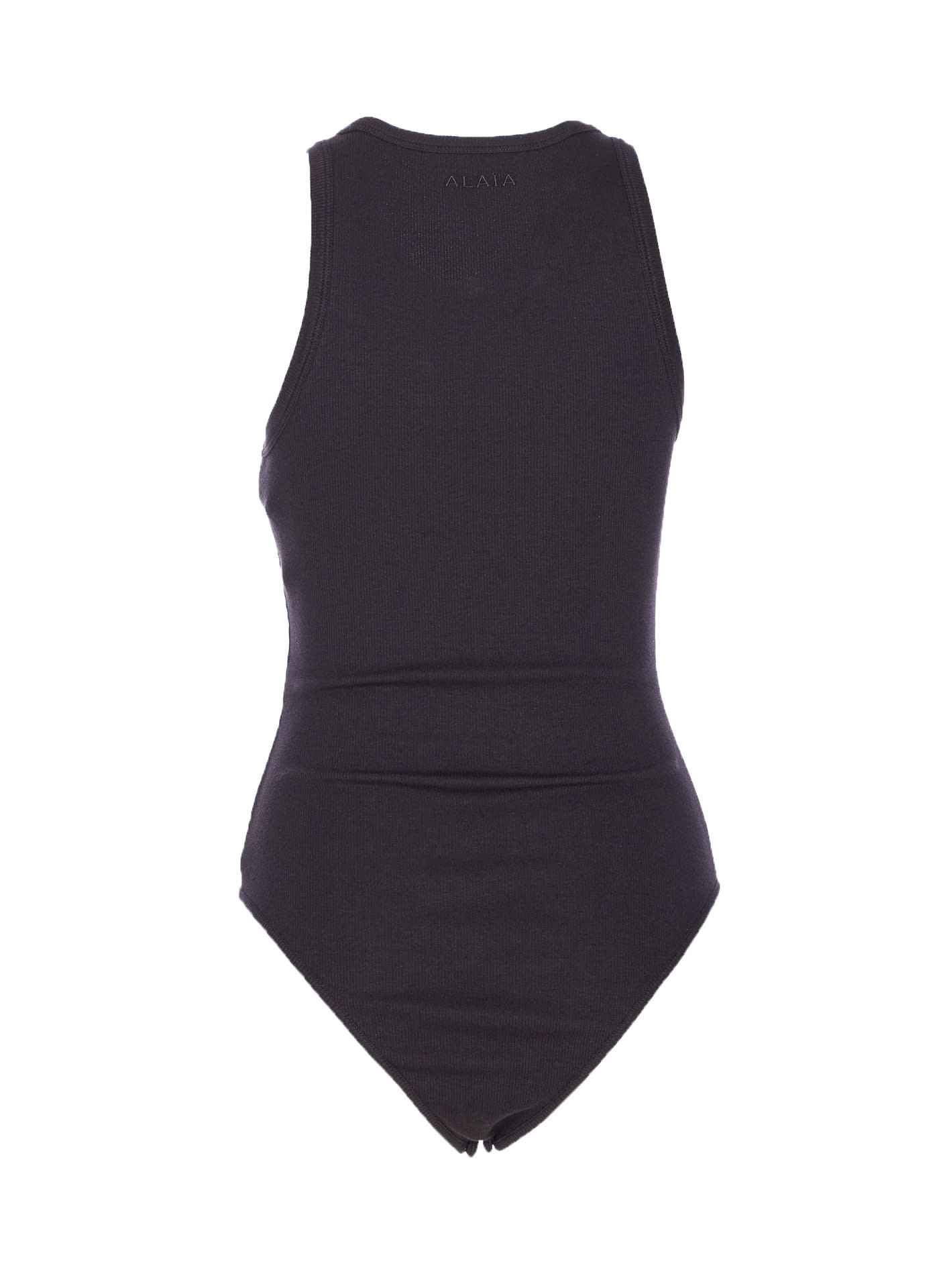 Alaïa Ribbed Texture High Neckline Sleeveless Thong Cut In Black